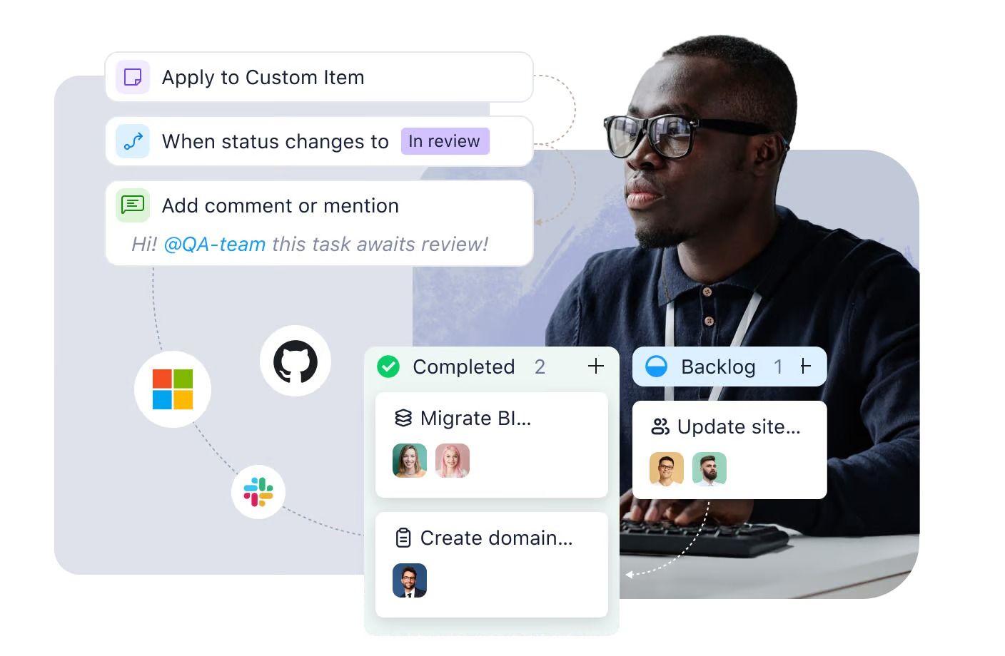 This design utilizes a clean, modern interface built on card-based components, blending soft gradients and crisp iconography with realistic photographic elements. The visual language is professional and organized, effectively presenting actionable tasks within a coherent dashboard layout.