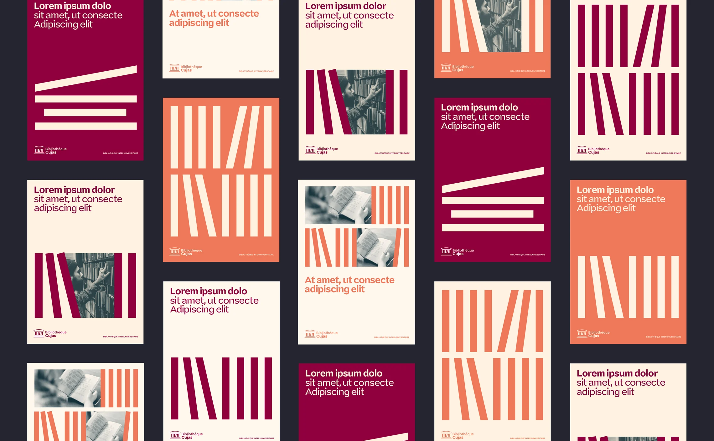 This image displays a grid of vertical design elements, characterized by a strong, minimalist aesthetic using high-contrast red and white stripes against deep maroon backgrounds. The visual language is structured, repetitive, and modern, suggesting a focus on clean branding or editorial layouts.