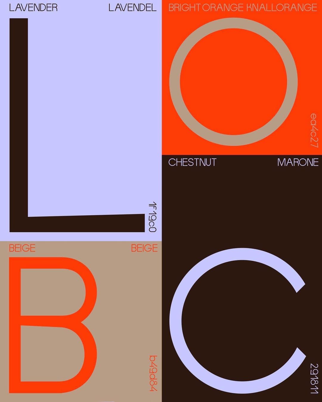 A bold, modular color palette study featuring geometric shapes and typography arranged in a grid layout. The design demonstrates contemporary color theory through contrasting hues—lavender, bright orange, beige, and chestnut—with minimalist circular and linear forms. The composition balances negative space with vibrant graphic elements in a systematic, educational aesthetic.