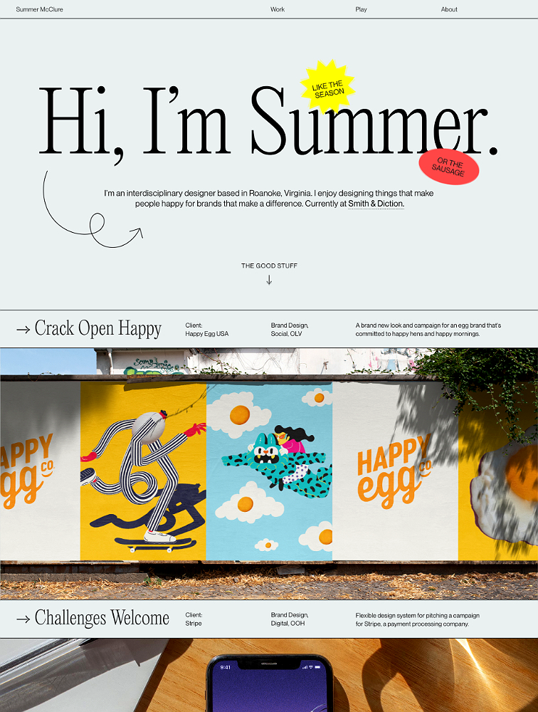 The design features a clean, modern aesthetic with playful, hand-drawn illustrations set against a muted, earthy background. The visual language balances professional typography with whimsical graphic elements to convey a sense of approachable creativity.