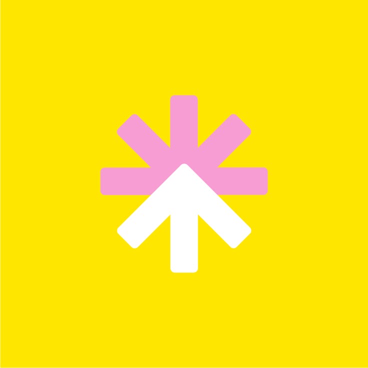 This design features a clean, minimalist icon utilizing geometric shapes and high contrast against a vibrant yellow background. The visual language is simple and direct, emphasizing an upward direction or highlight through the combination of pink and white elements.
