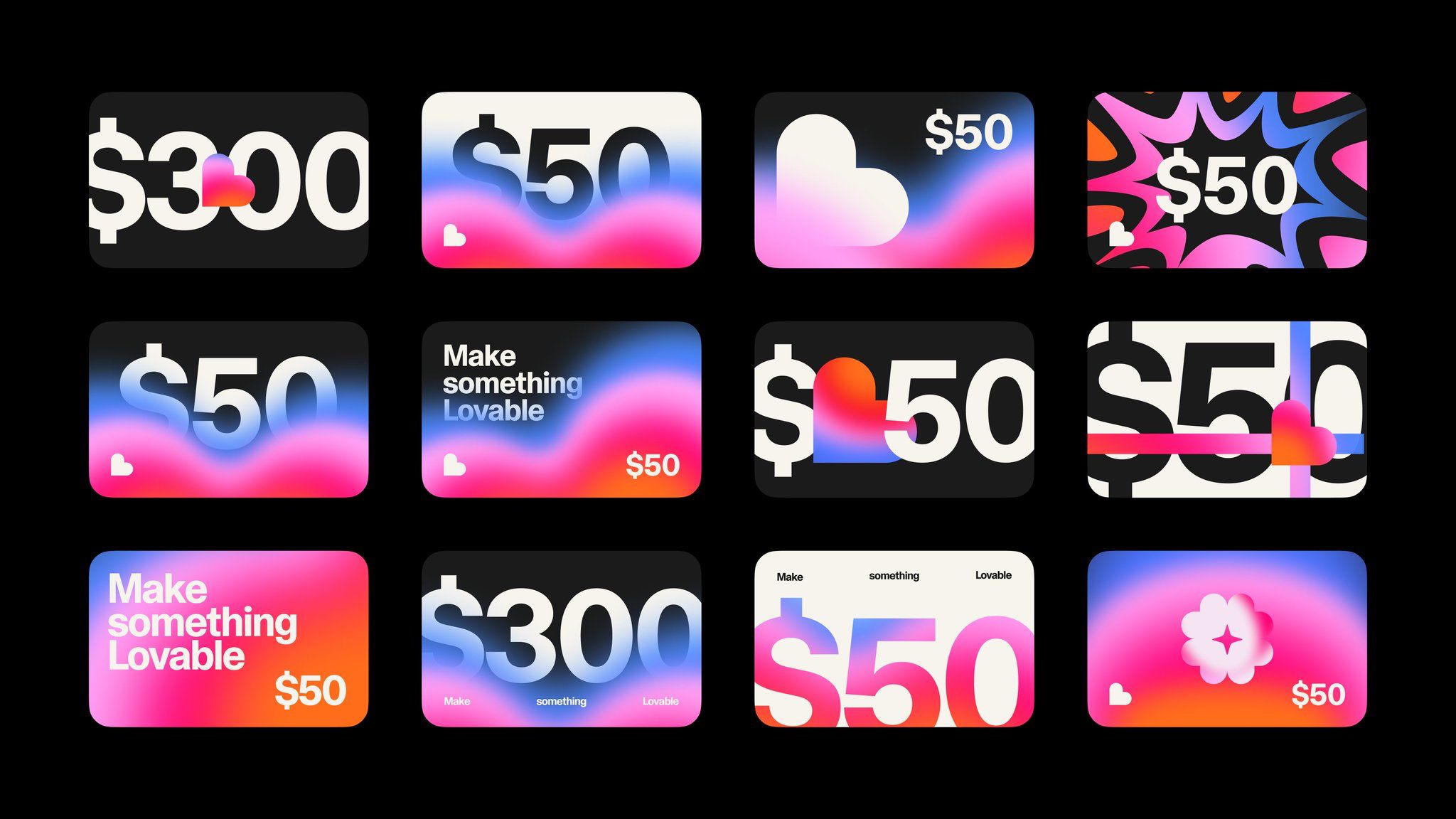 The image displays a set of stylized digital cards or tiles, likely representing payment options or rewards, characterized by vibrant gradients and soft shapes. The design uses a modern, playful aesthetic with a focus on clear monetary values and emotive iconography like hearts.