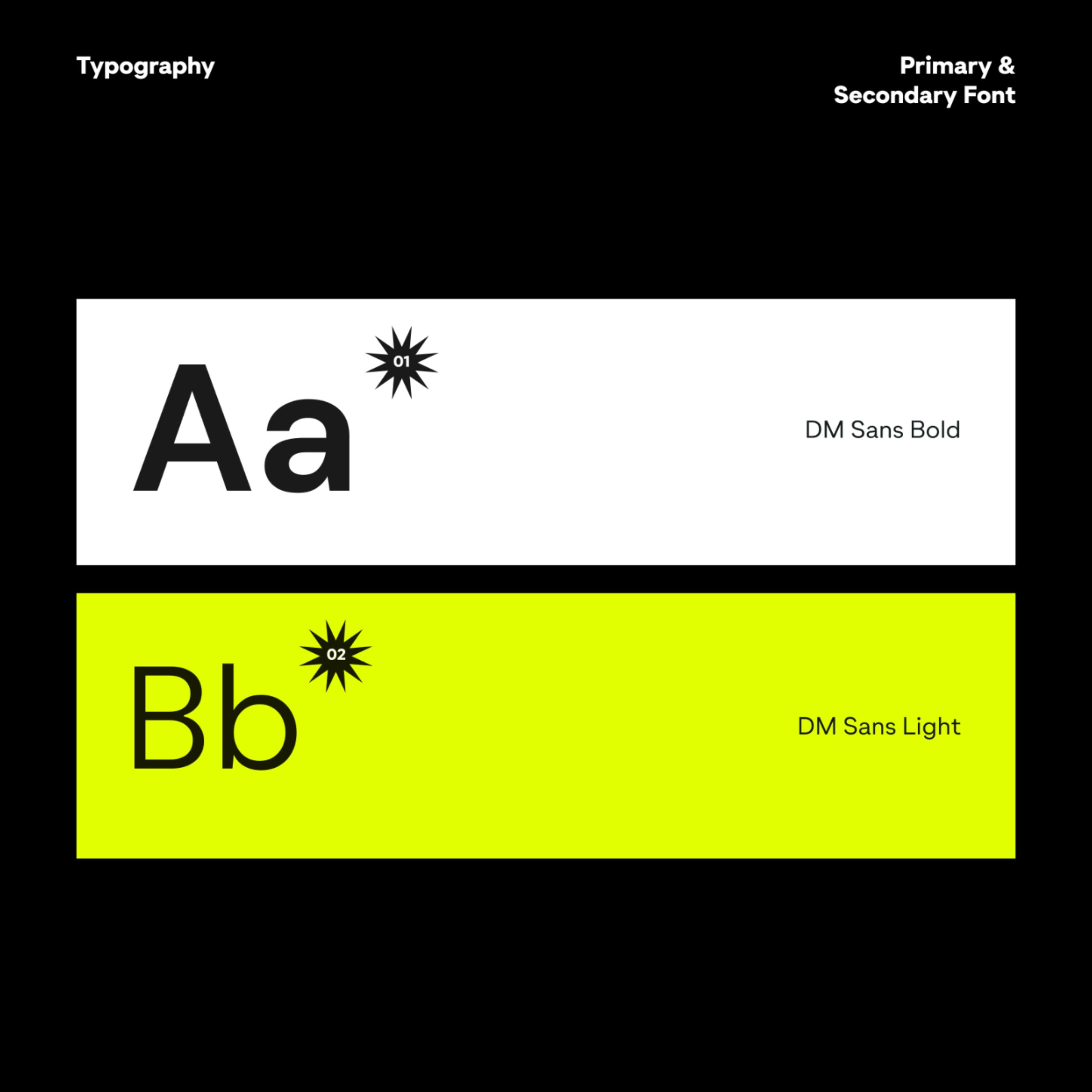 A clean, modern typography specimen showcasing two font weights of DM Sans in a minimalist layout. The design uses high contrast between a white and neon yellow background to demonstrate typeface hierarchy and legibility. The composition is functional and educational, typical of contemporary design system documentation.