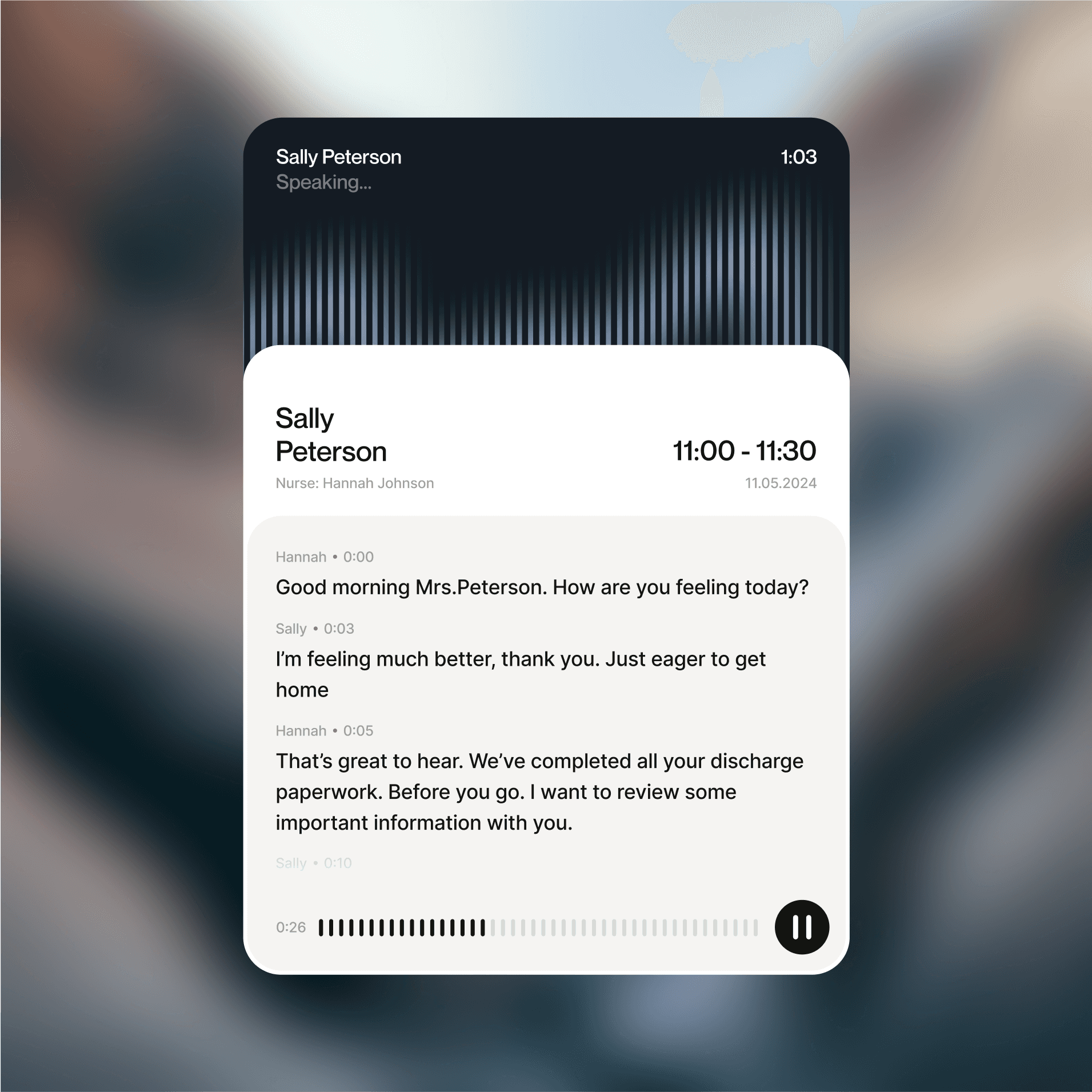 The image displays a clean, dark-themed user interface for an audio recording or transcript playback, characterized by subtle vertical lines suggesting sound waves. The design is minimalist and professional, focusing attention on the text content within a contained card.