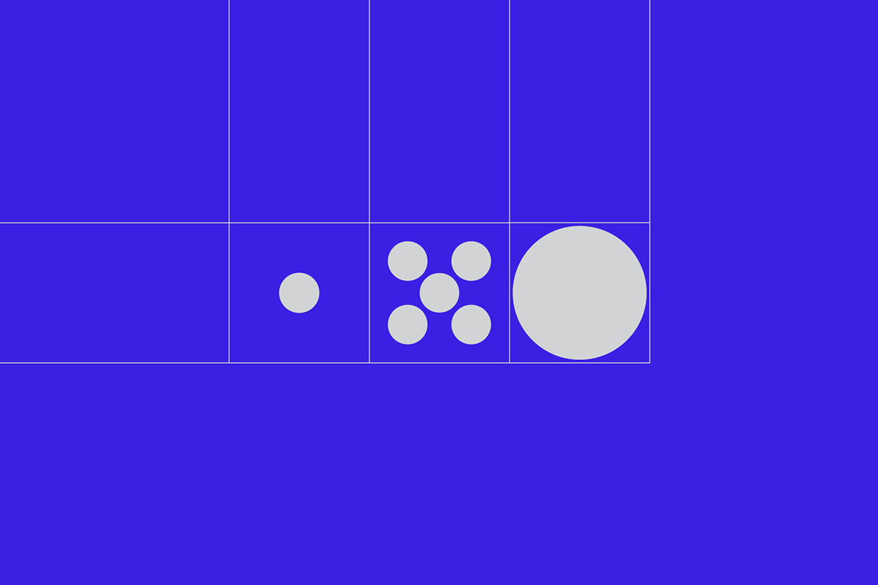 The image features a vibrant blue background overlaid with a grid structure and abstract white shapes, suggesting a technical diagram or a minimalist interface element. The design is clean, structured, and relies on negative space to draw attention to the clustered white elements.