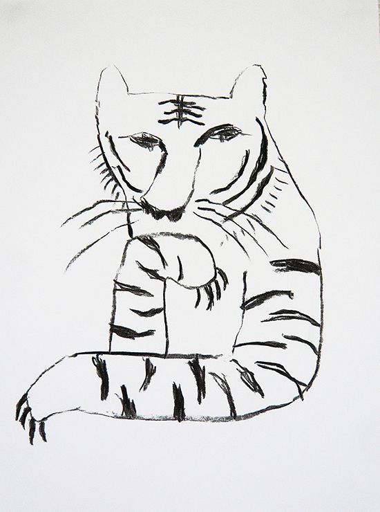 This is a high-contrast, monochrome line drawing depicting the head and upper body of a tiger. The visual language relies on expressive, sketchy lines to define the form, emphasizing texture and the animal's intense gaze. The overall feel is raw, powerful, and deeply graphic.