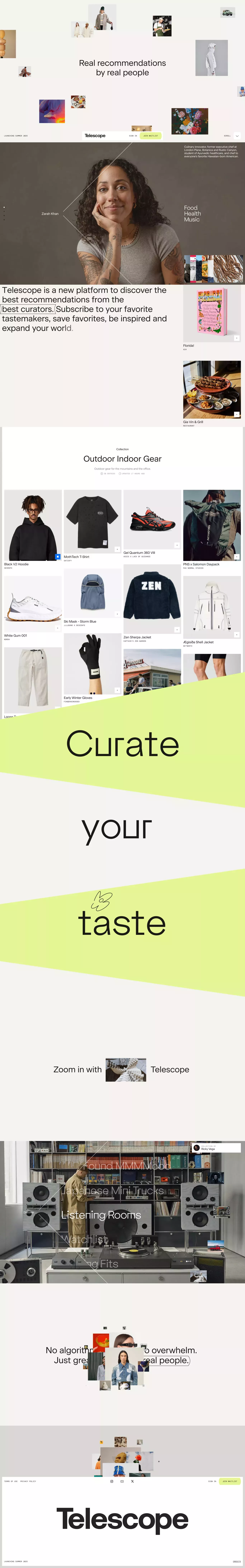 The design presents a clean, minimalist, and modern interface with a light background and simple typography. It uses ample white space to separate content blocks, suggesting a focus on curated products or services.