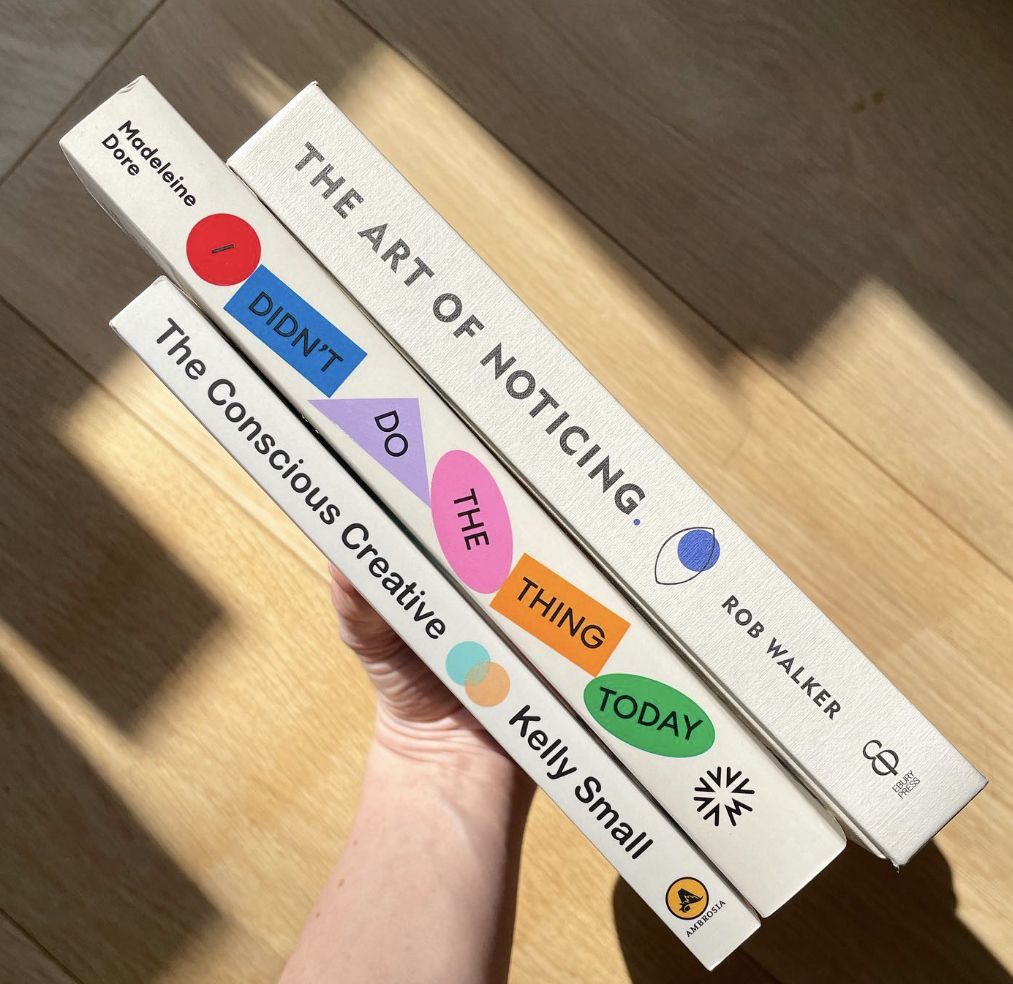 This image presents a curated collection of books centered around the theme of mindful observation and creative awareness. The design relies on clean typography and subtle color accents to convey a thoughtful, accessible aesthetic.