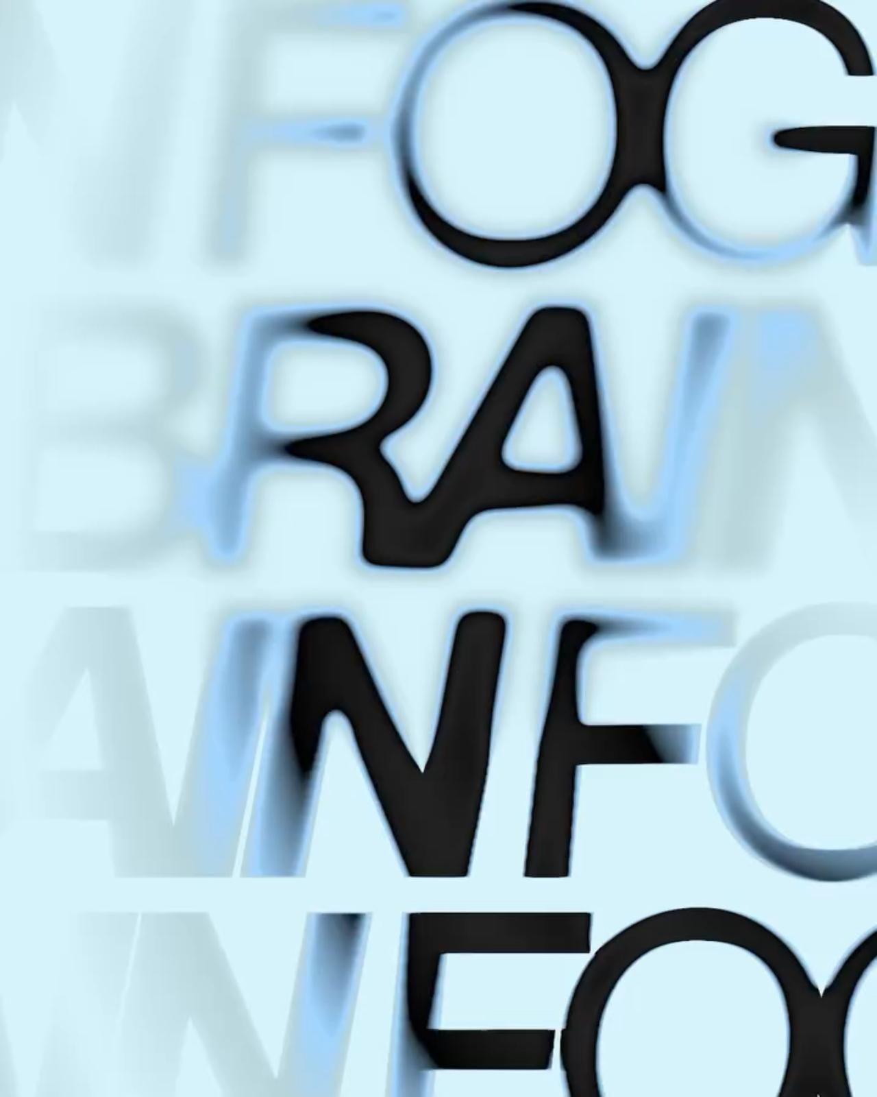 This design uses bold, overlapping typographic elements to create an abstract yet clean visual texture. The interplay between deep black forms and soft, cool blue tones establishes a modern and sophisticated aesthetic with significant visual depth.