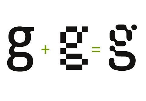 This image presents a minimalist mathematical or symbolic operation using stylized, blocky glyphs. The design relies on high contrast between black and white to clearly define the components of the equation, resulting in a clean, technical, and precise visual statement.