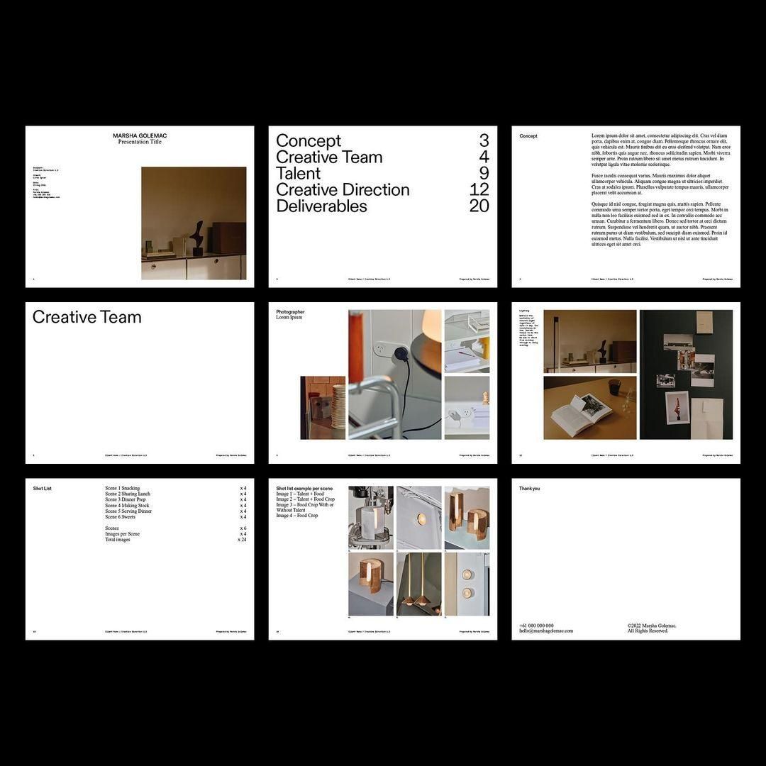 The image displays a collection of minimalist, professional presentation slides or mockups, characterized by clean lines, ample white space, and a monochromatic or muted color scheme. The design emphasizes clarity, structure, and a modern, corporate aesthetic suitable for business or creative portfolios.