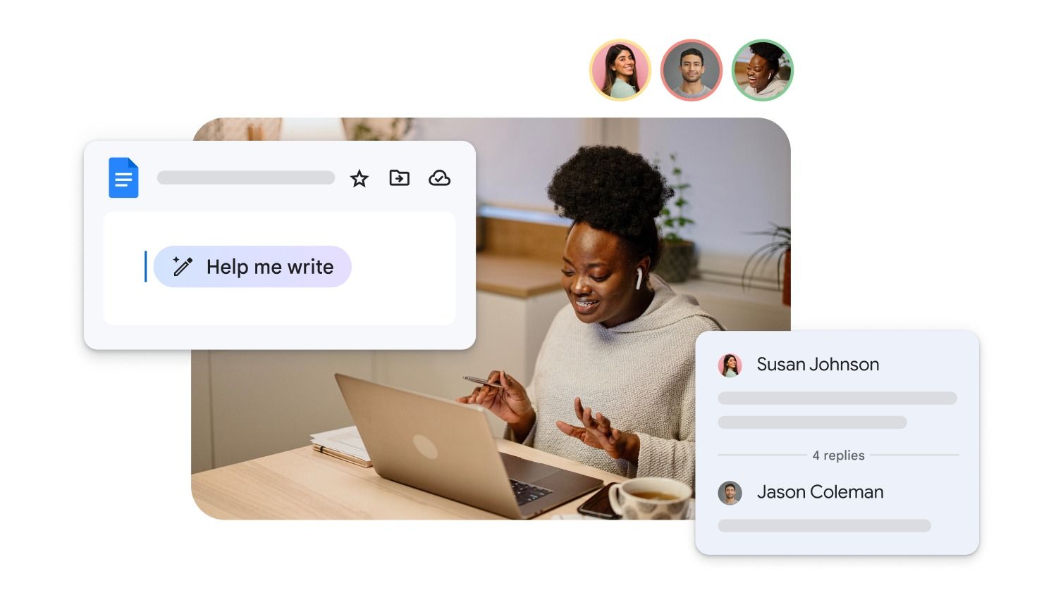 This image features a clean, modern UI mock-up overlaid with a professional lifestyle photograph, demonstrating a collaborative or writing service interface. The design uses soft lighting and neutral tones to create a calm, approachable, yet highly functional visual environment.