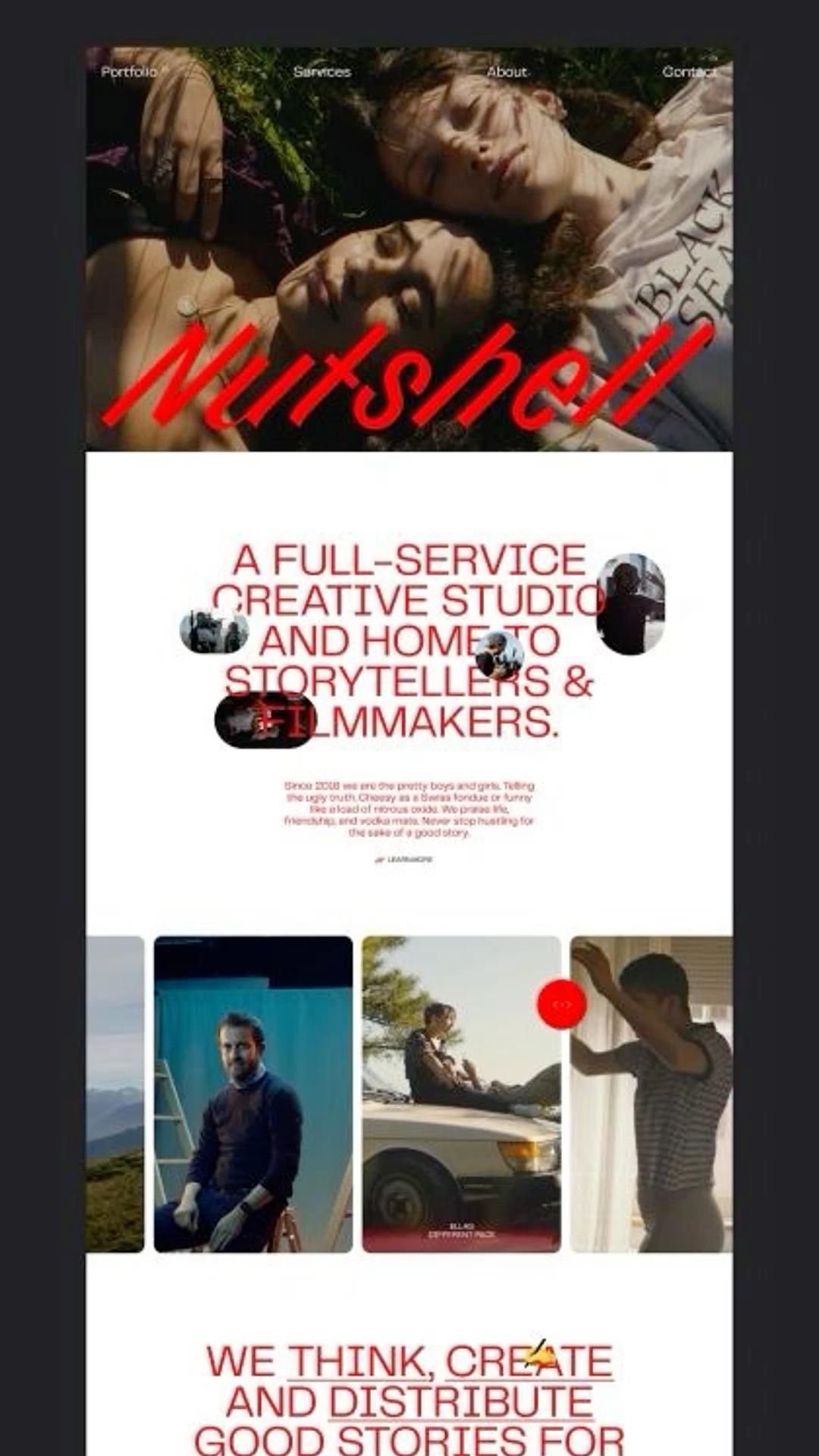 The design is bold and high-contrast, utilizing a mix of photographic elements and strong typography to convey a creative and professional studio identity. The layout is dynamic, using large, impactful text overlaid on textured imagery to grab immediate attention.