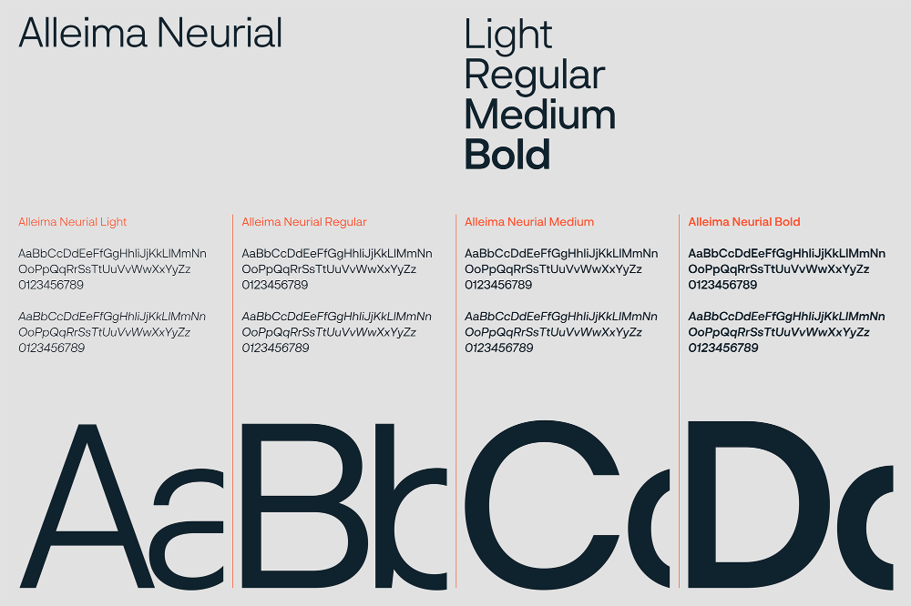 This image is a clean typographic display showcasing the full range of weights (light to bold) for the Alleima Neural typeface. The design emphasizes clarity, precision, and modern professionalism through balanced layout and meticulous rendering of the font variations.