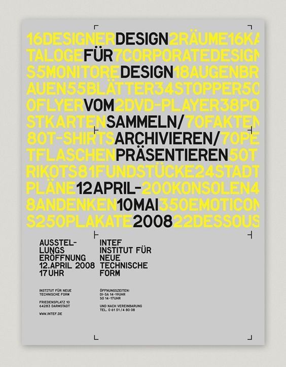 A Swiss-style modernist poster featuring bold typographic hierarchy with overlapping yellow and black text on a light gray background. The design employs a dense, layered approach to information architecture, creating visual rhythm through contrasting font weights and colors while maintaining functional clarity typical of institutional design.