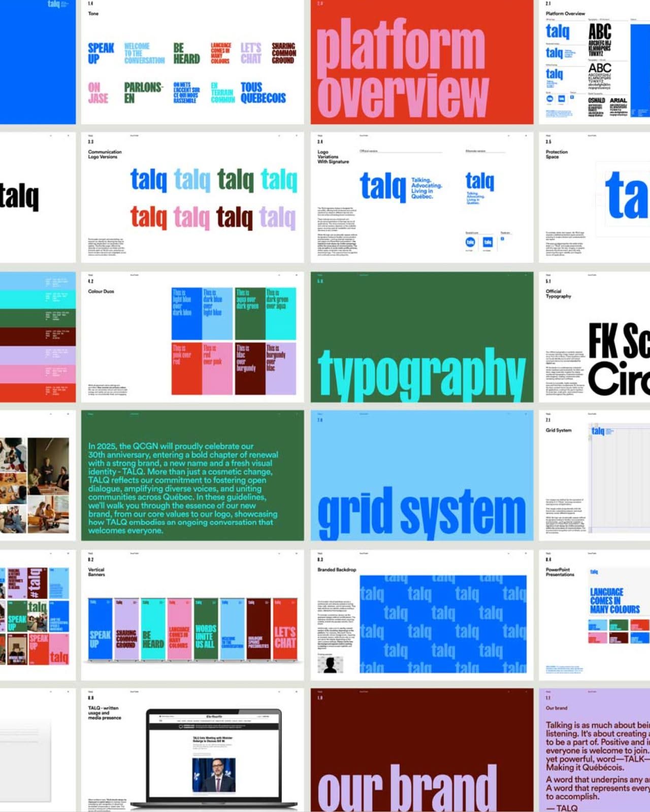A comprehensive design system showcase displaying modular branding guidelines, typography systems, and color palettes across multiple pages. The layout demonstrates a contemporary, systematic approach to brand identity with bold typography, structured grids, and vibrant color blocking. The overall aesthetic is clean, professional, and pedagogical in nature.