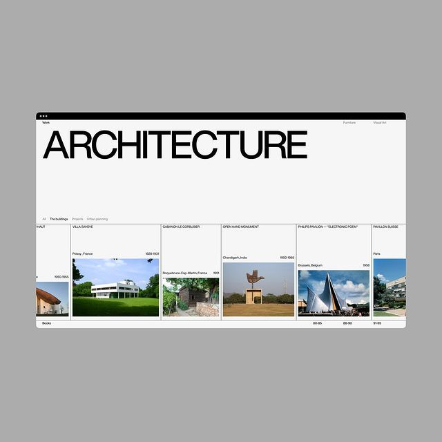A minimalist architecture portfolio website featuring a clean, grid-based layout with bold typography and a curated collection of architectural photography. The design emphasizes content through generous whitespace and a systematic organization of project thumbnails, reflecting contemporary web design principles.