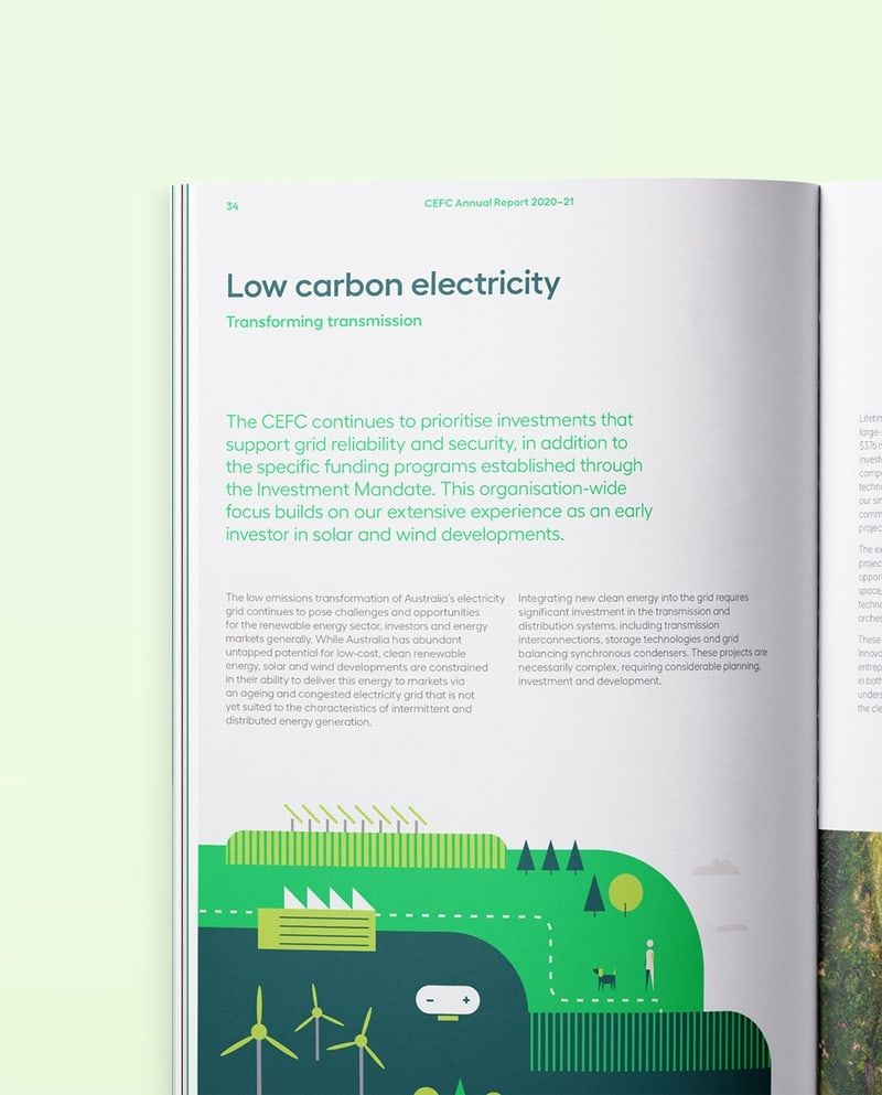 The design is clean, modern, and corporate, utilizing a strong juxtaposition of natural green tones with bright, optimistic accents. The layout is structured and uses ample white space around the main text block to ensure readability.