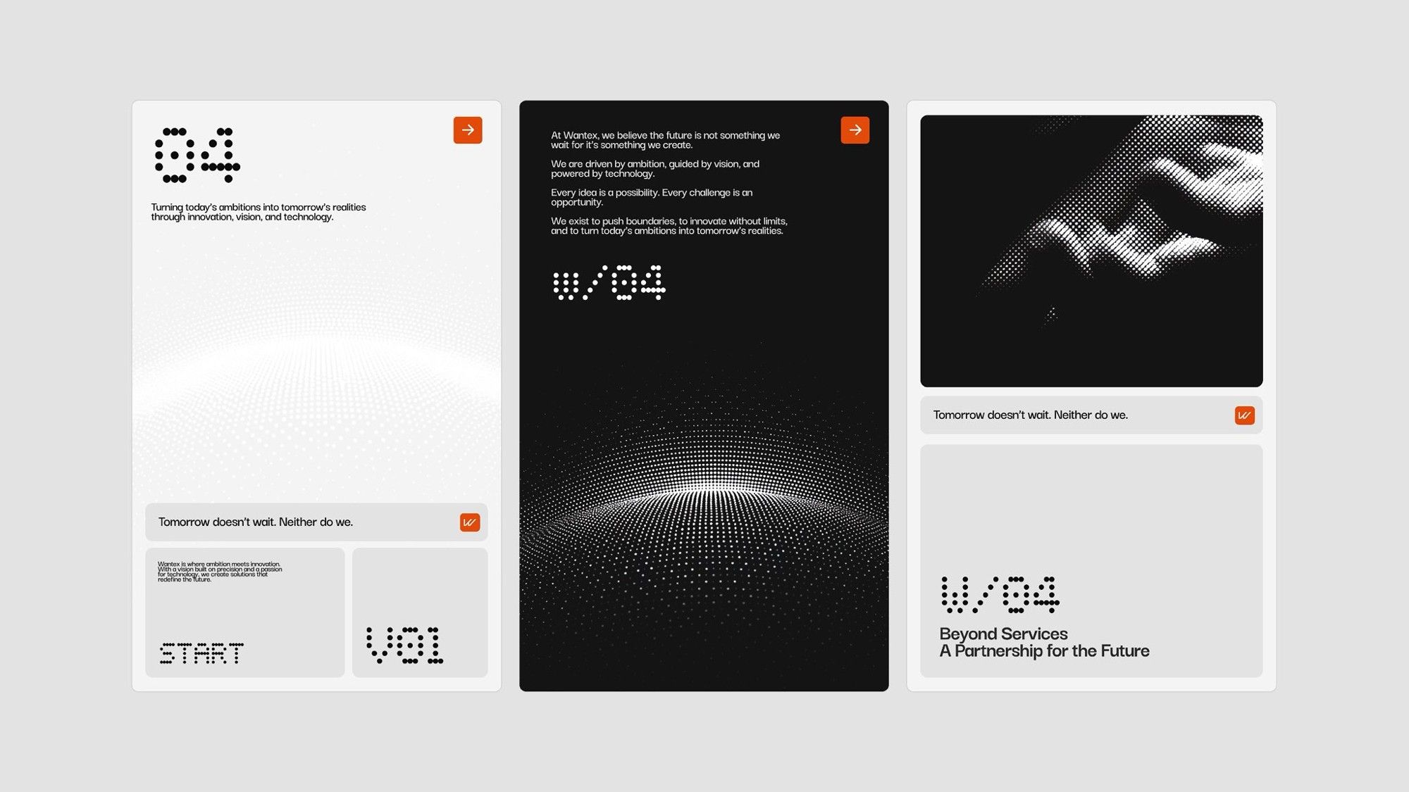 This design utilizes a dark mode aesthetic combined with subtle, glowing particle effects to convey a sense of innovation and futuristic ambition. The visual language is clean, minimalist, and structured, emphasizing transparency and forward-thinking concepts.