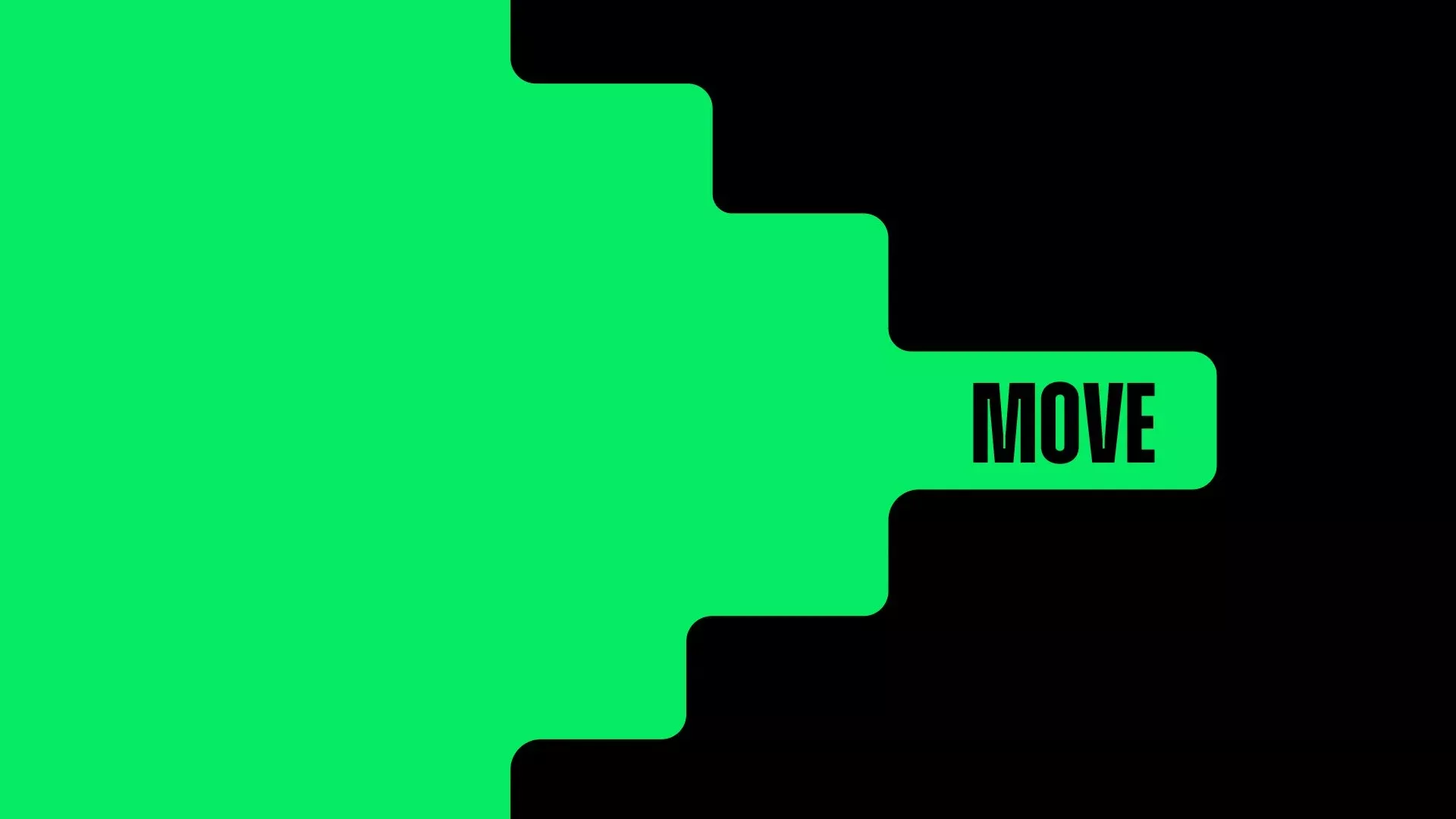 The image features a vibrant, solid green shape with an irregular, jagged edge set against a stark black background. The design is minimalist and uses negative space effectively to draw attention to the text, suggesting a call to action or directional cue.