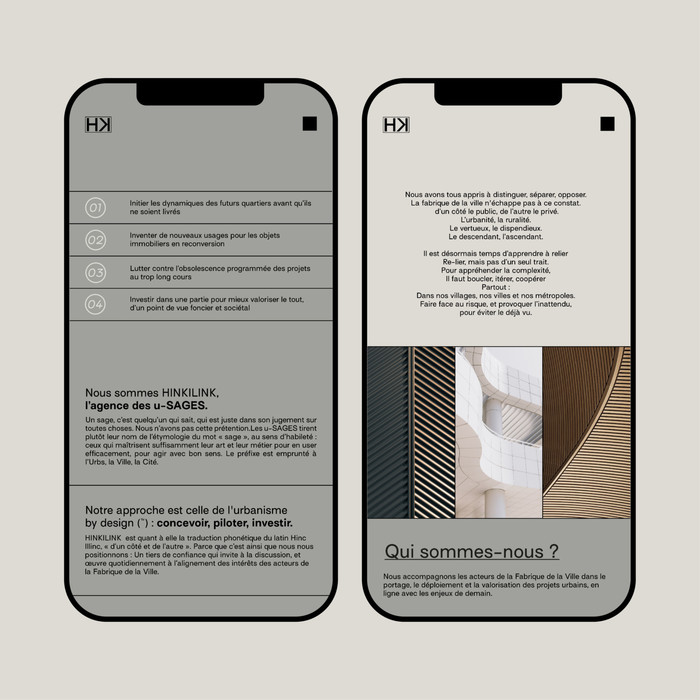 The image presents a clean, minimalist, and professional design for a service or agency, utilizing a monochromatic palette with subtle texture contrasts. The layout is highly structured, using numbered lists and clear headings to convey information systematically.