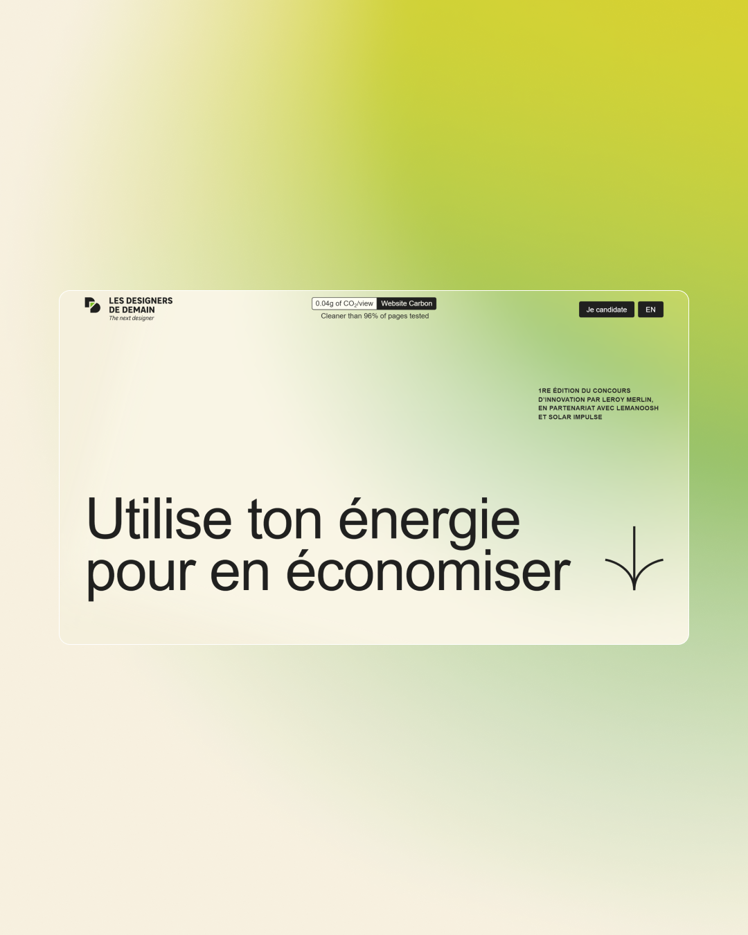 The image presents a clean, minimalist interface design focused on an energy-saving message. It uses ample white space and subtle color gradients to convey a sense of modern, eco-conscious clarity.