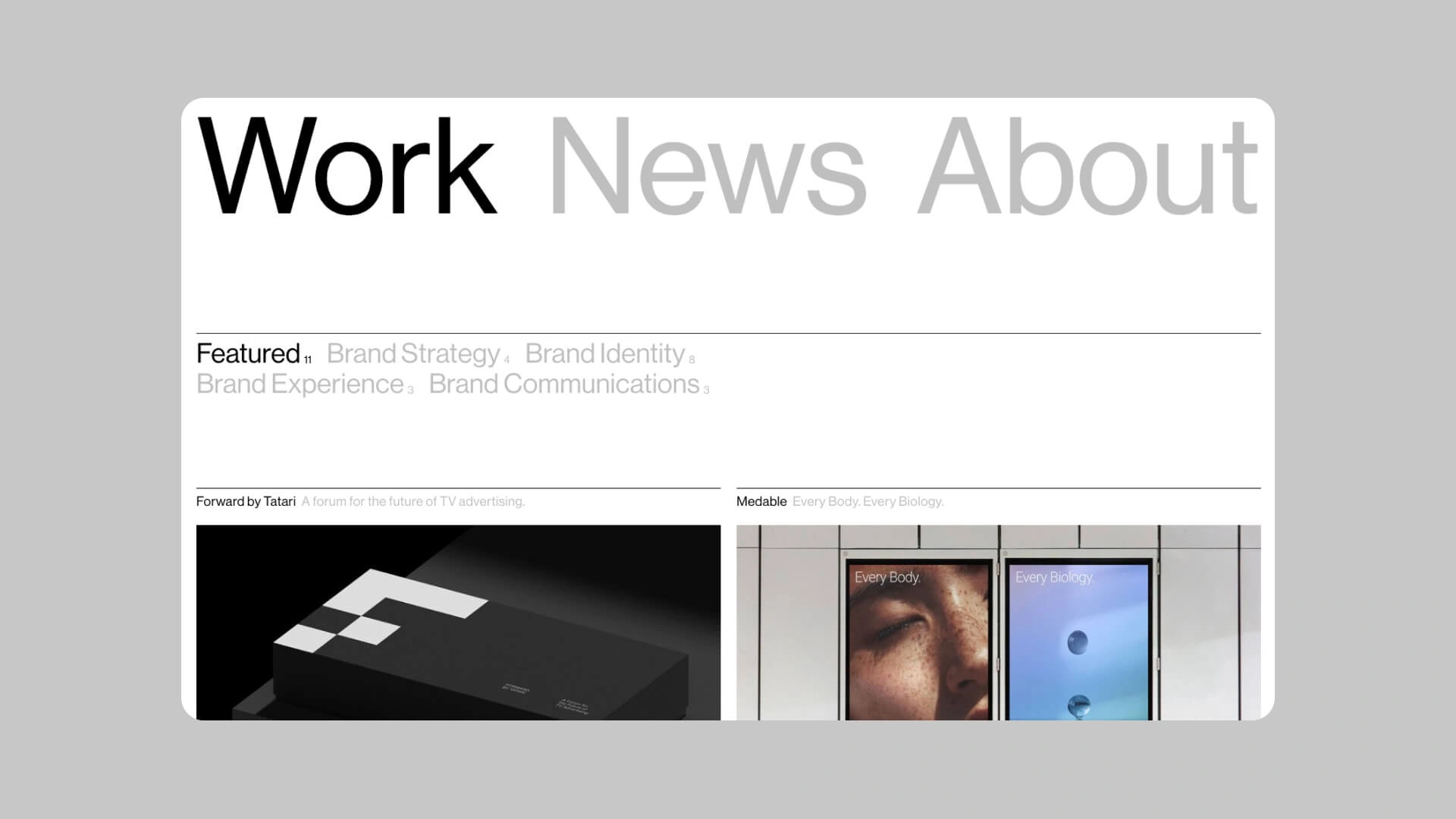 This design exhibits a clean, minimalist aesthetic utilizing ample negative space and high contrast for excellent readability. The visual language is professional and corporate, employing a structured layout to present news content clearly. The overall feel is modern, sophisticated, and highly informative.