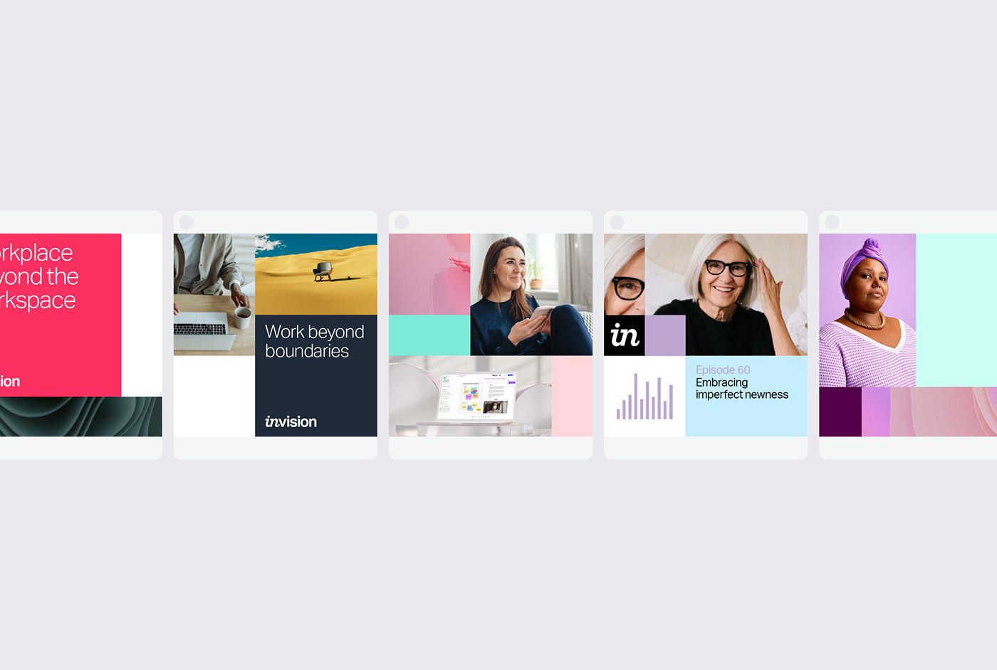 A modern portfolio or case study grid showcasing diverse design work with a contemporary aesthetic. The layout features a horizontal carousel of project thumbnails mixing photography, typography, and graphic design elements with a vibrant, multi-colored visual language.