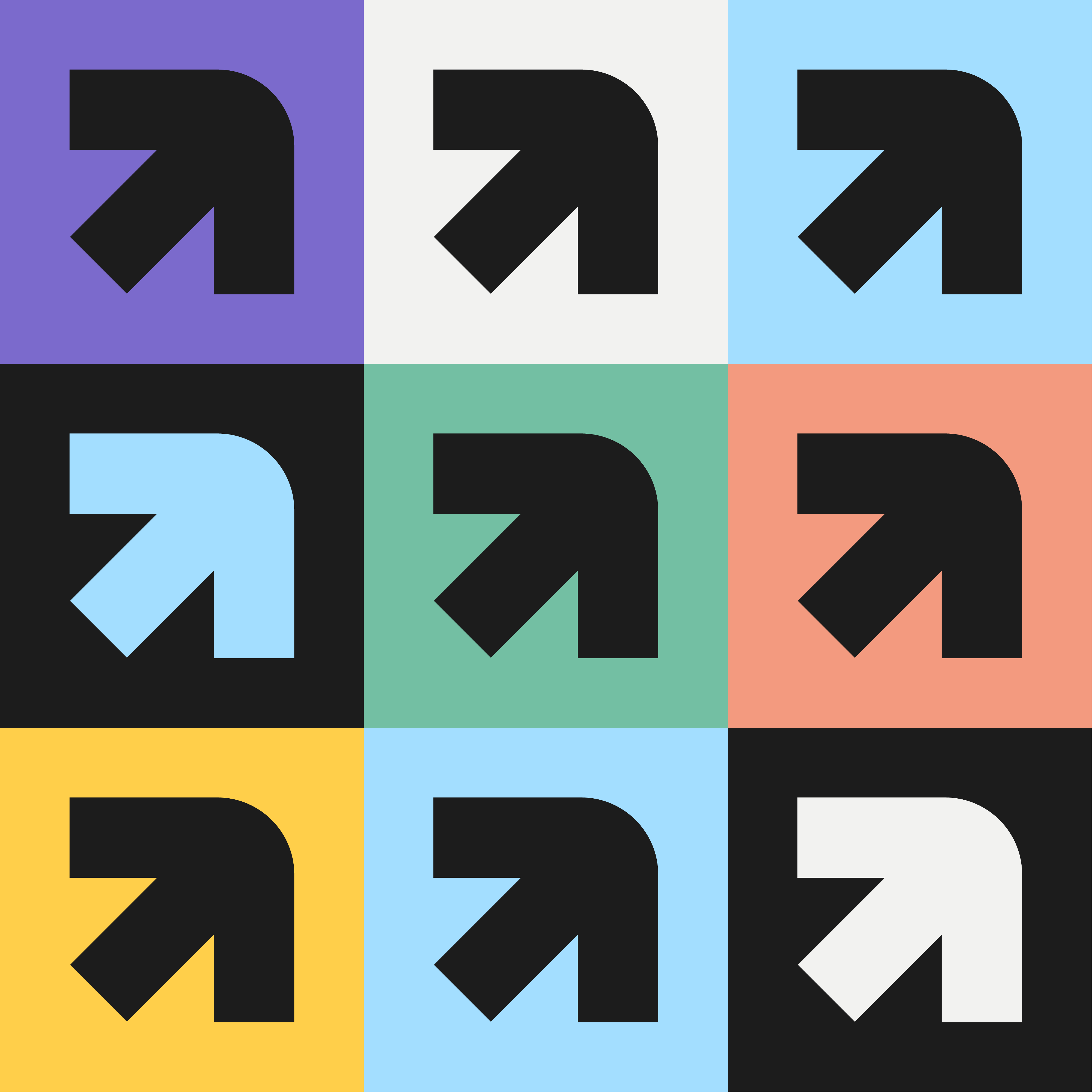 This image is a grid composed of identical, simple geometric icons set against a muted, pastel-like color scheme. The design relies on strong negative space and clear, bold shapes to convey directional information efficiently.