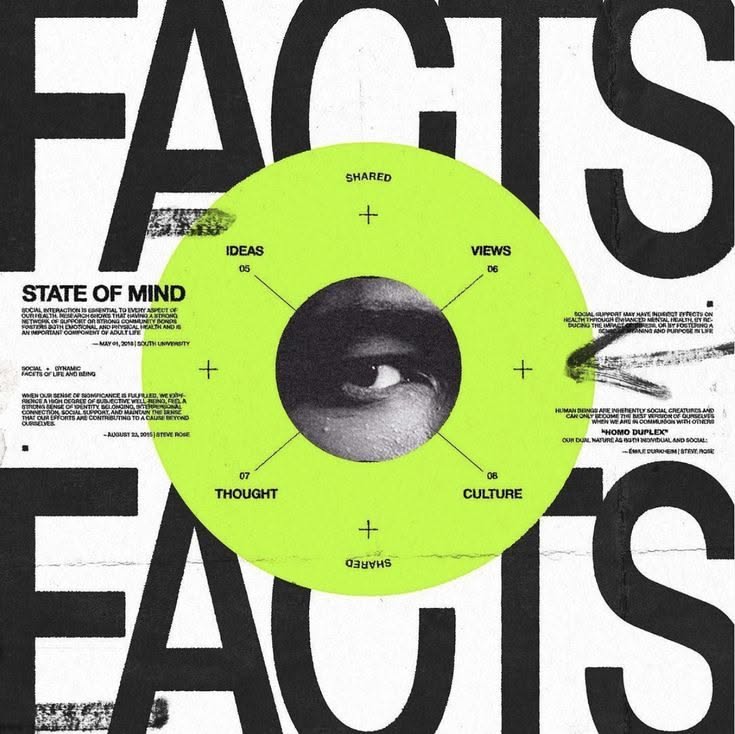 The design is stark, minimalist, and academic, utilizing high contrast between black text and a vibrant lime green circle to organize abstract concepts. The layout is structured around a central visual element, suggesting a diagrammatic or informational graphic.