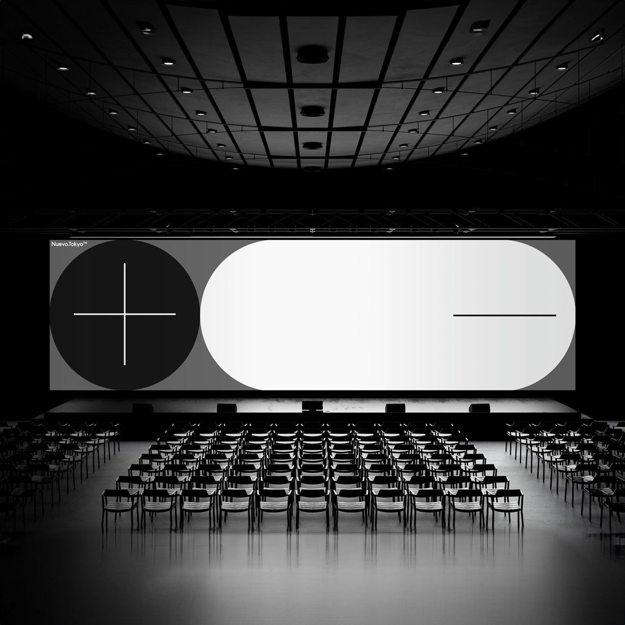 This image showcases a powerful example of minimalist architectural design, utilizing stark contrasts between deep blacks and brilliant whites. The design emphasizes geometric precision, symmetry, and negative space to create a dramatic and contemplative viewing environment.