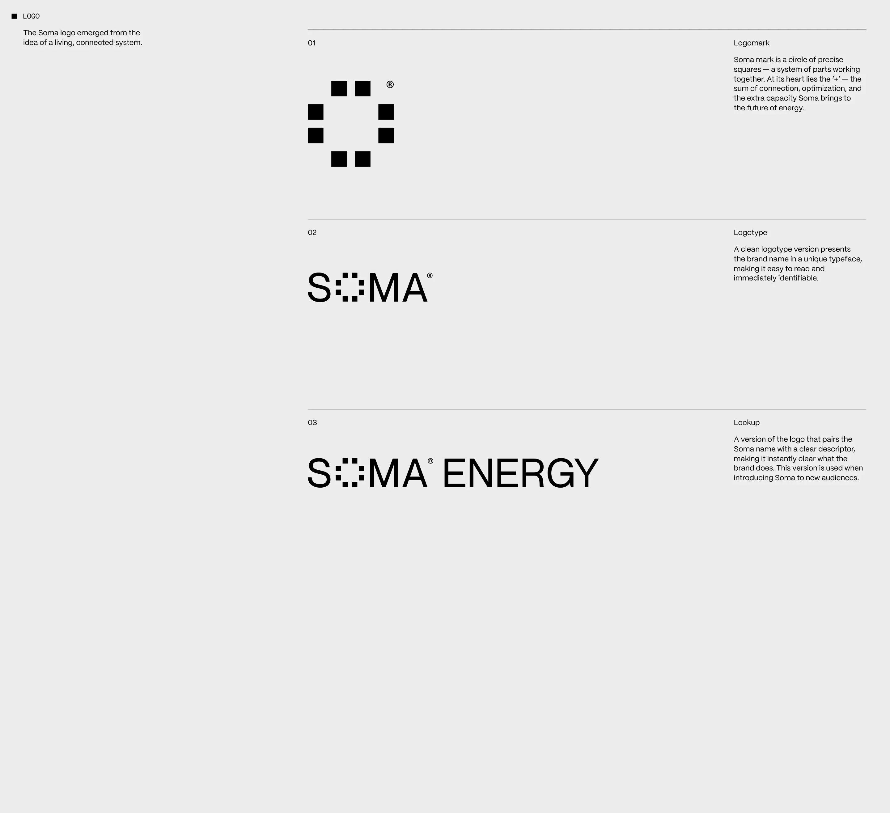 The visual presentation showcases a strong, minimalist brand identity utilizing precise geometric marks and clean sans-serif typography. The design emphasizes precision, structure, and modern sophistication through a monochromatic palette.