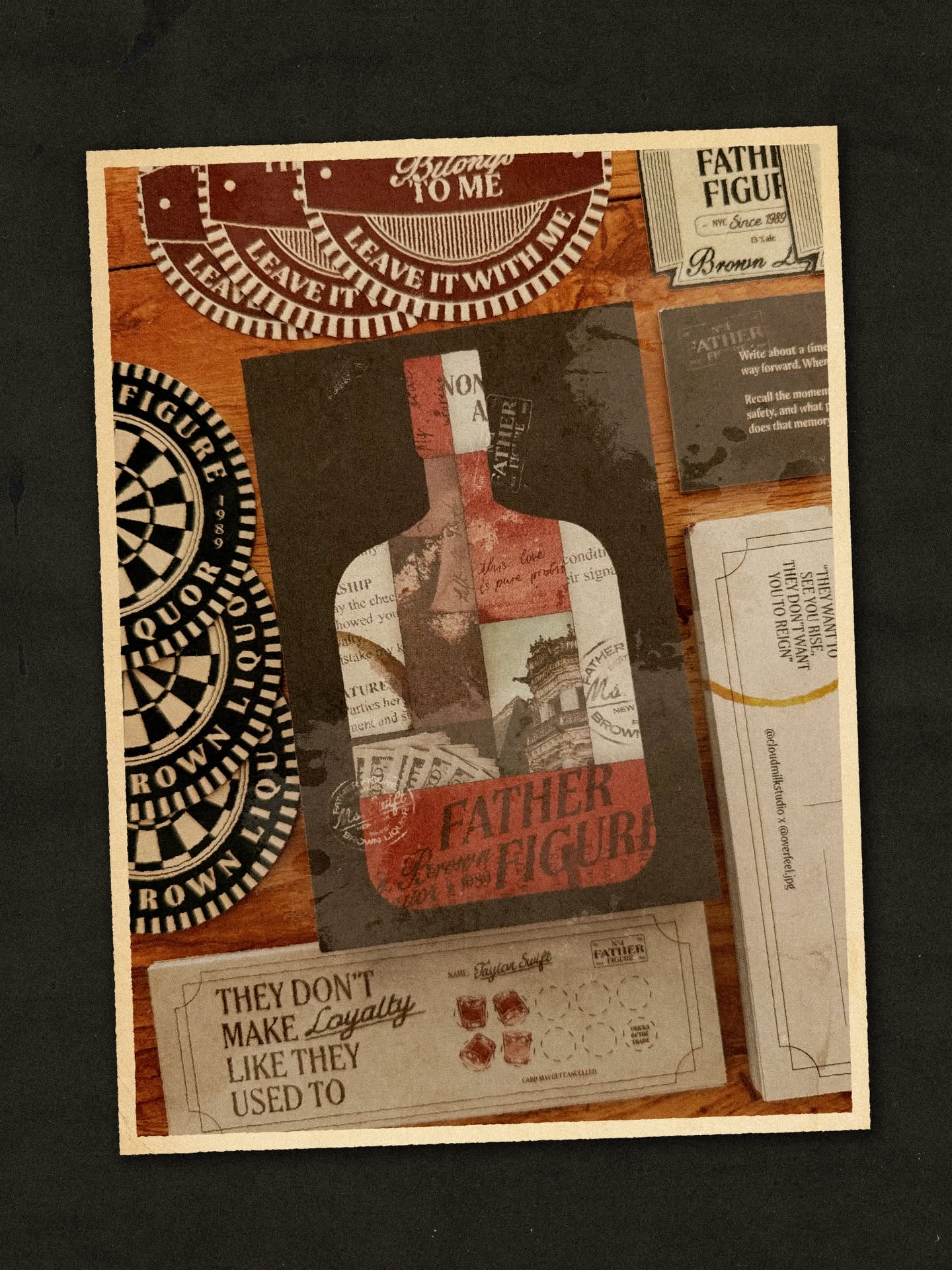 This is a vintage or retro-inspired design featuring layered elements, distressed textures, and a dark, earthy color palette. The composition is dense and collage-like, evoking a sense of nostalgia, grit, and perhaps a handcrafted or archival feel.