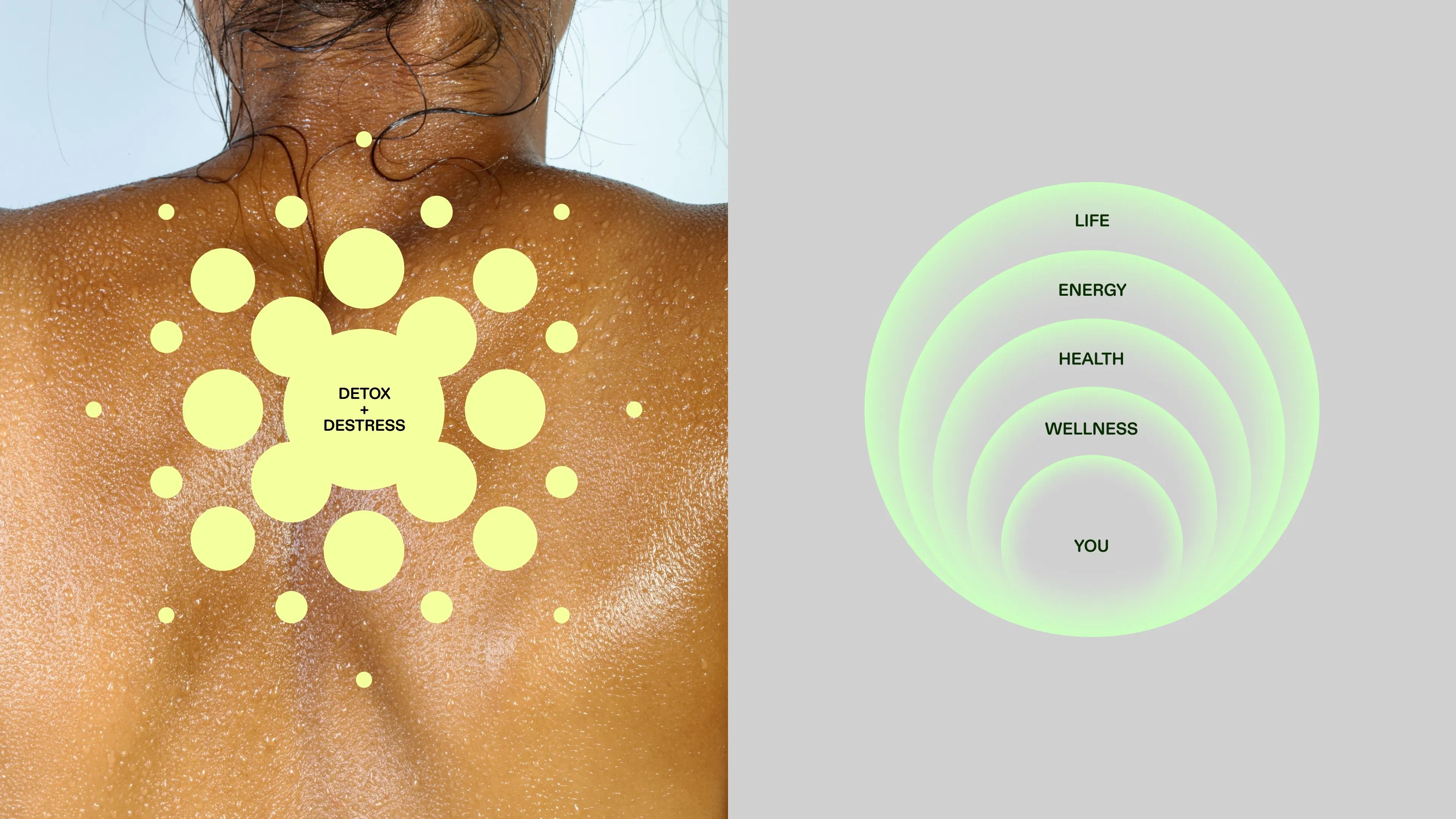 The image features a close-up of human skin with yellow dots overlaid, suggesting a concept related to detox or stress relief. The right side presents a concentric circle diagram illustrating a hierarchy of well-being, creating a clean, infographic feel.