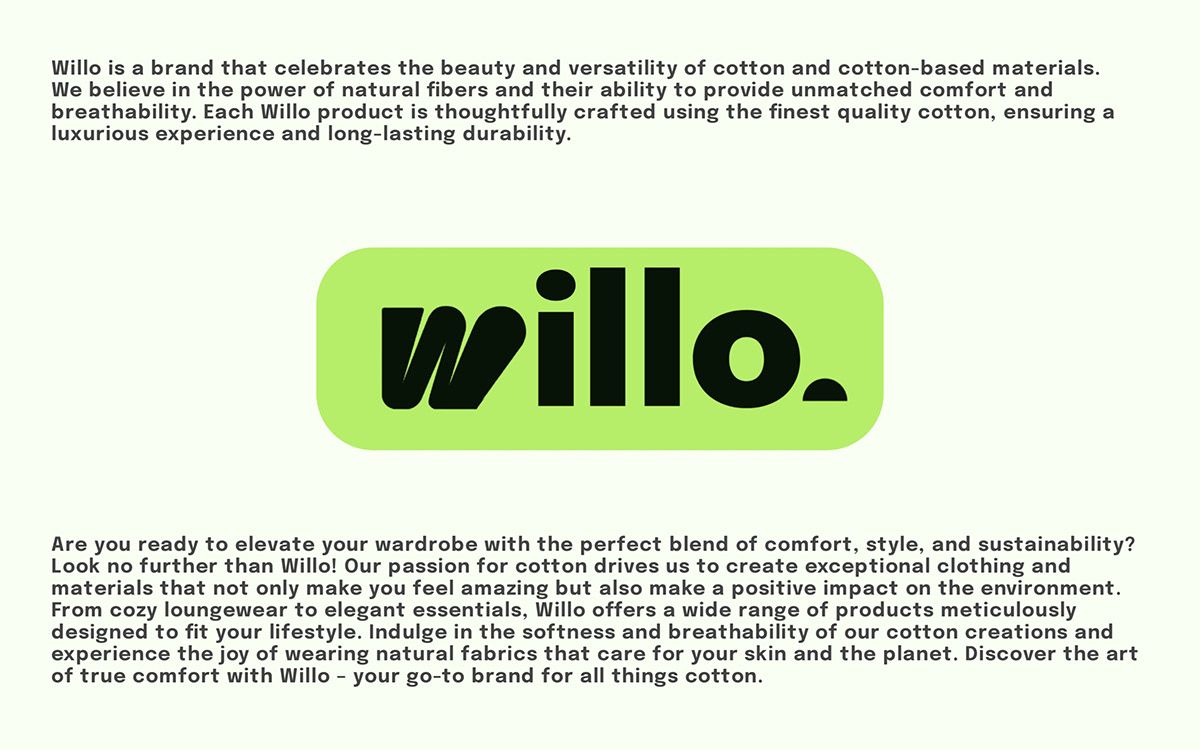 The image features clean, minimalist text presenting a brand statement and mission focused on natural fibers, comfort, and sustainability. The design relies heavily on simple typography and a single, bold logo to convey a sense of natural quality and trustworthiness.