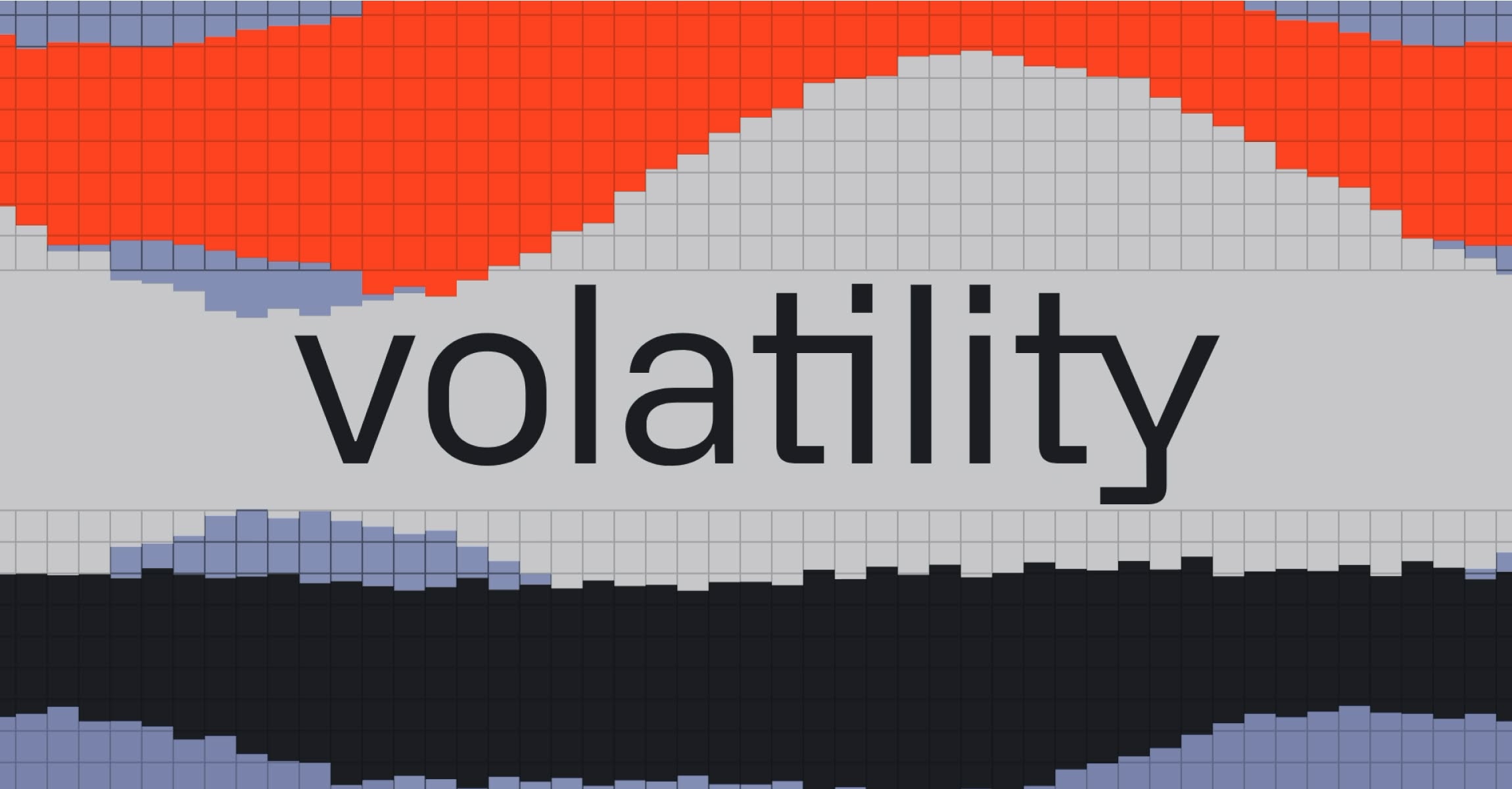 A minimalist, pixelated design featuring the word 'volatility' in bold sans-serif typography against layered horizontal bands of contrasting colors. The aesthetic combines digital glitch art with data visualization principles, creating a modern, tech-forward visual language that emphasizes instability and flux through its fragmented, wave-like composition.