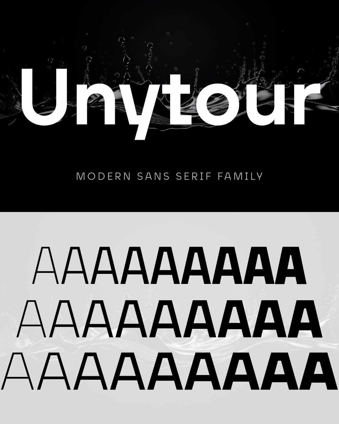 A minimalist typeface specimen showcasing 'Unytour,' a modern sans-serif family with clean geometric letterforms. The design employs stark contrast between a textured dark background and light gray specimen area, emphasizing the font's versatility across different weights and styles.