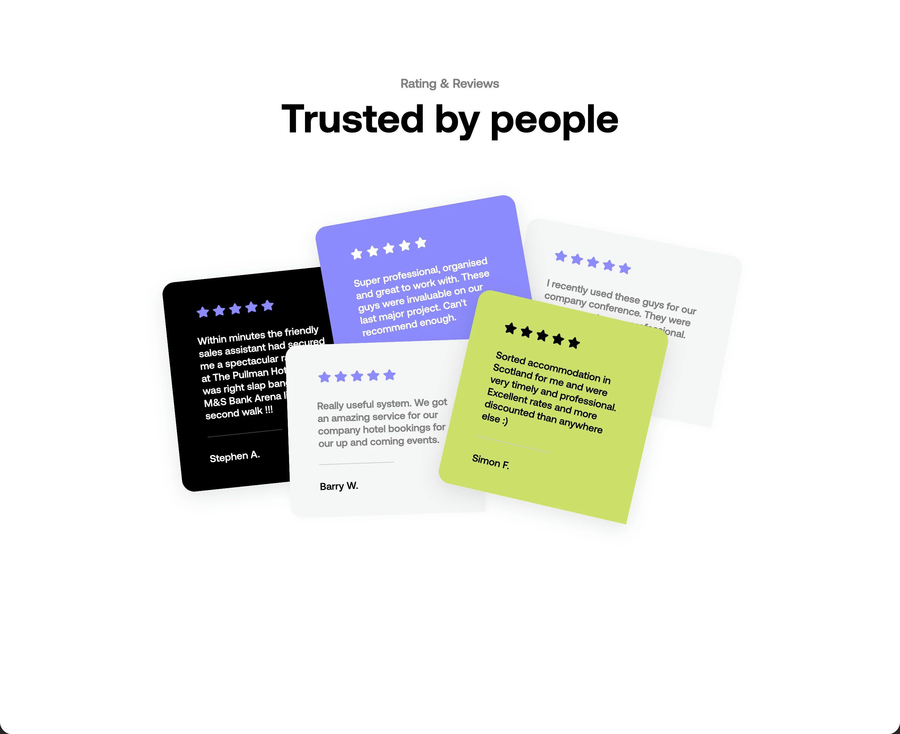 This design effectively uses social proof through testimonial cards to build trust. The visual language is clean, modern, and professional, utilizing color blocking to differentiate individual reviews against a neutral background.