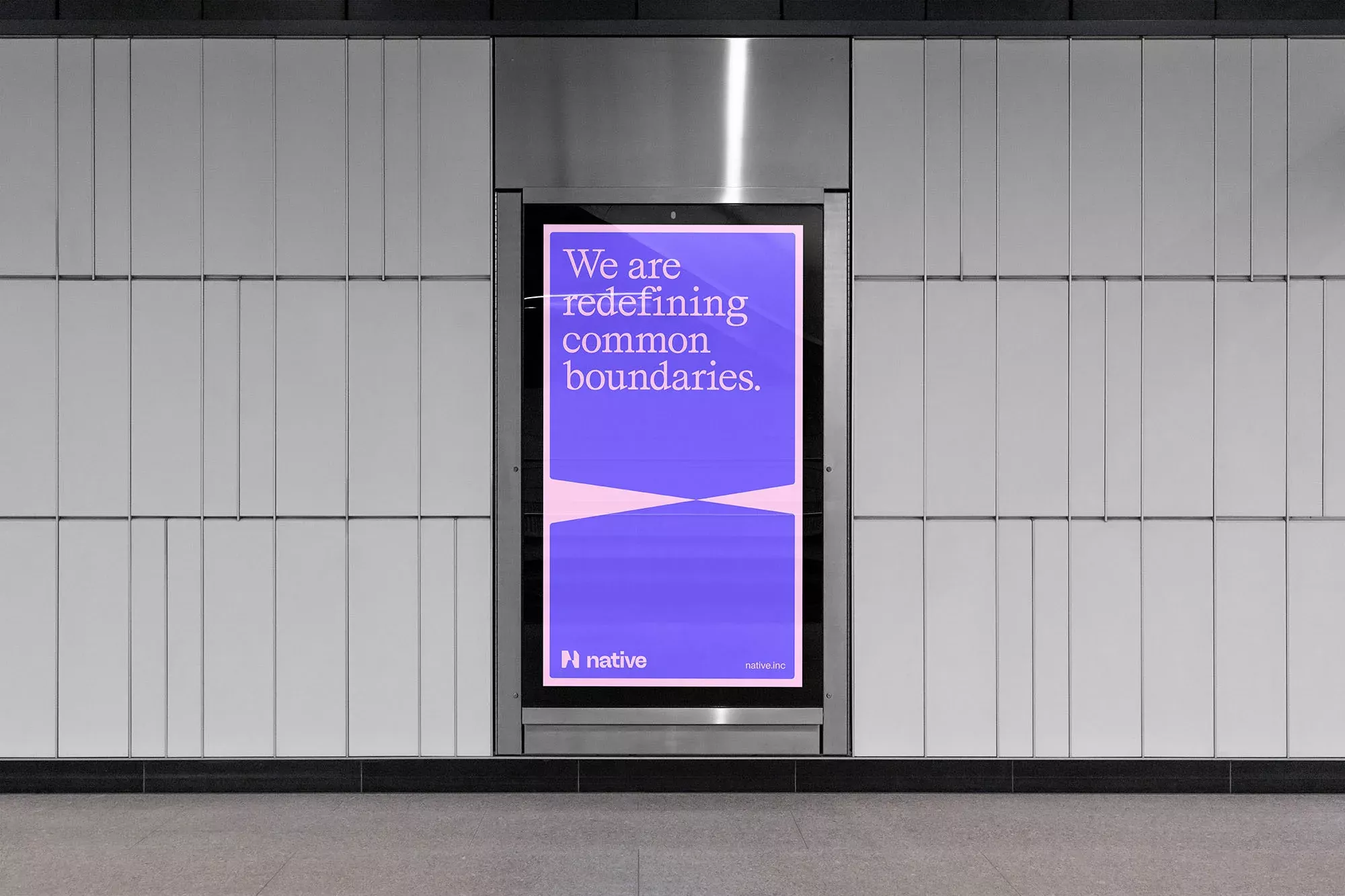 The design features a minimalist, modern aesthetic dominated by cool tones and clean lines. It uses strong vertical framing to present a simple, declarative statement with a subtle use of color contrast for emphasis.