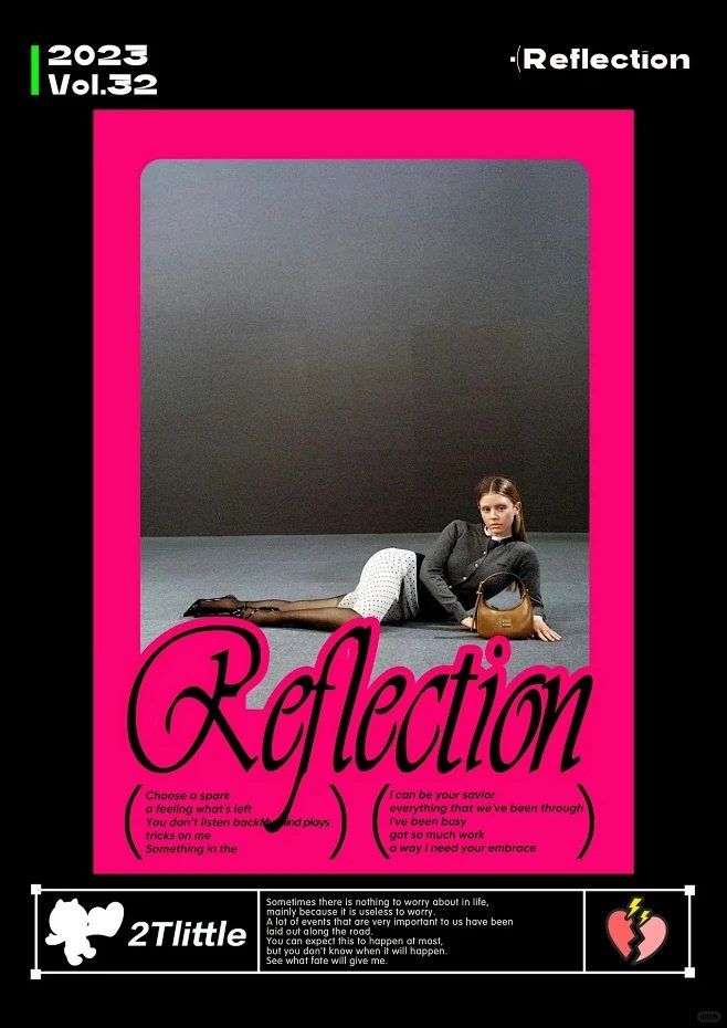 A bold contemporary design poster featuring a striking neon magenta frame around a moody photographic image of a person in contemplative pose. The composition blends high-contrast photography with vibrant typography and minimalist layout, creating a modern editorial aesthetic with strong visual hierarchy.