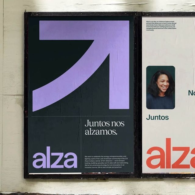 A contemporary poster design featuring bold geometric abstraction with a curved arrow motif in gradient purple tones against a dark background. The minimalist composition combines modern typography with a striking visual symbol, creating a clean and professional aesthetic that suggests growth or forward momentum.