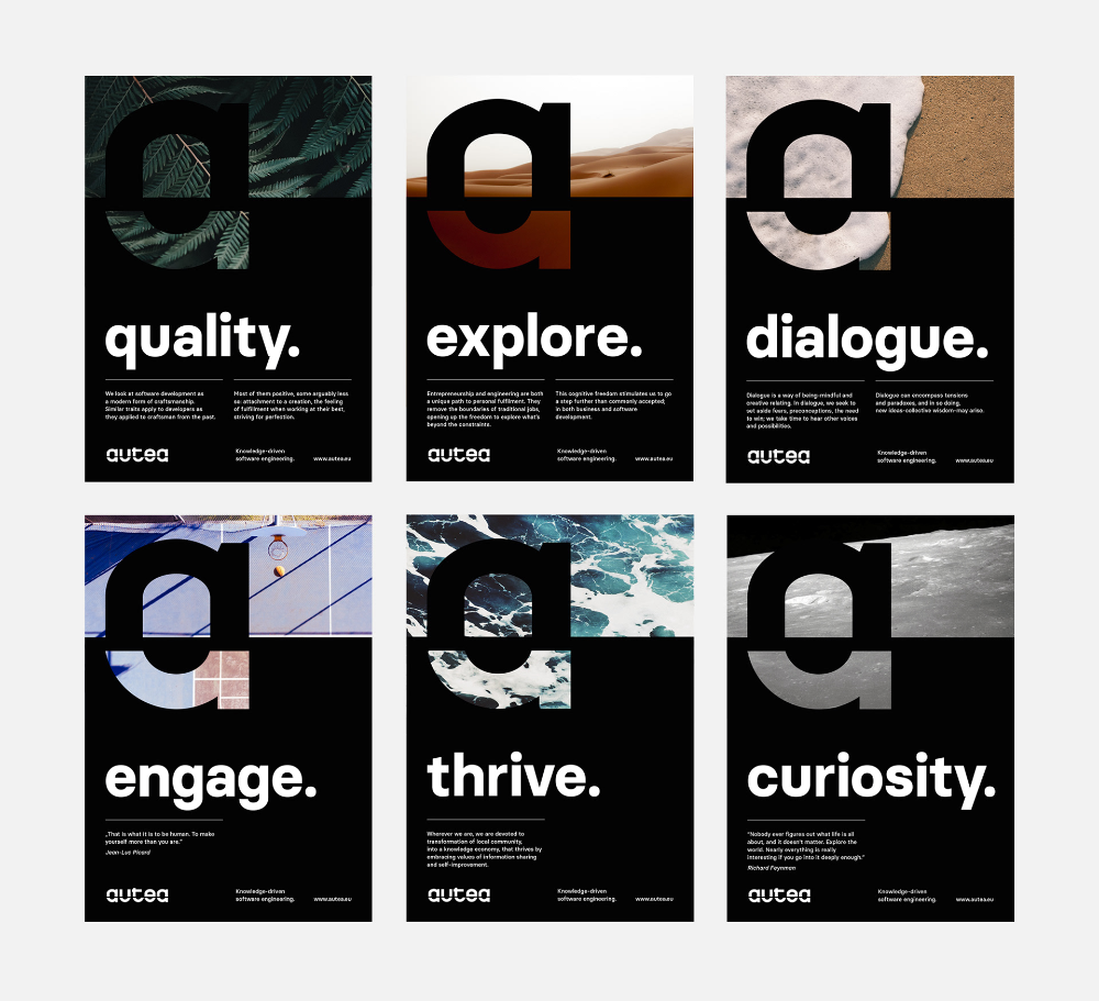 This collection showcases a highly refined, minimalist typographic style utilizing stark contrast between dark backgrounds and bright text. The design relies on clean lines, bold typography, and evocative photographic textures to convey concepts of depth and exploration.