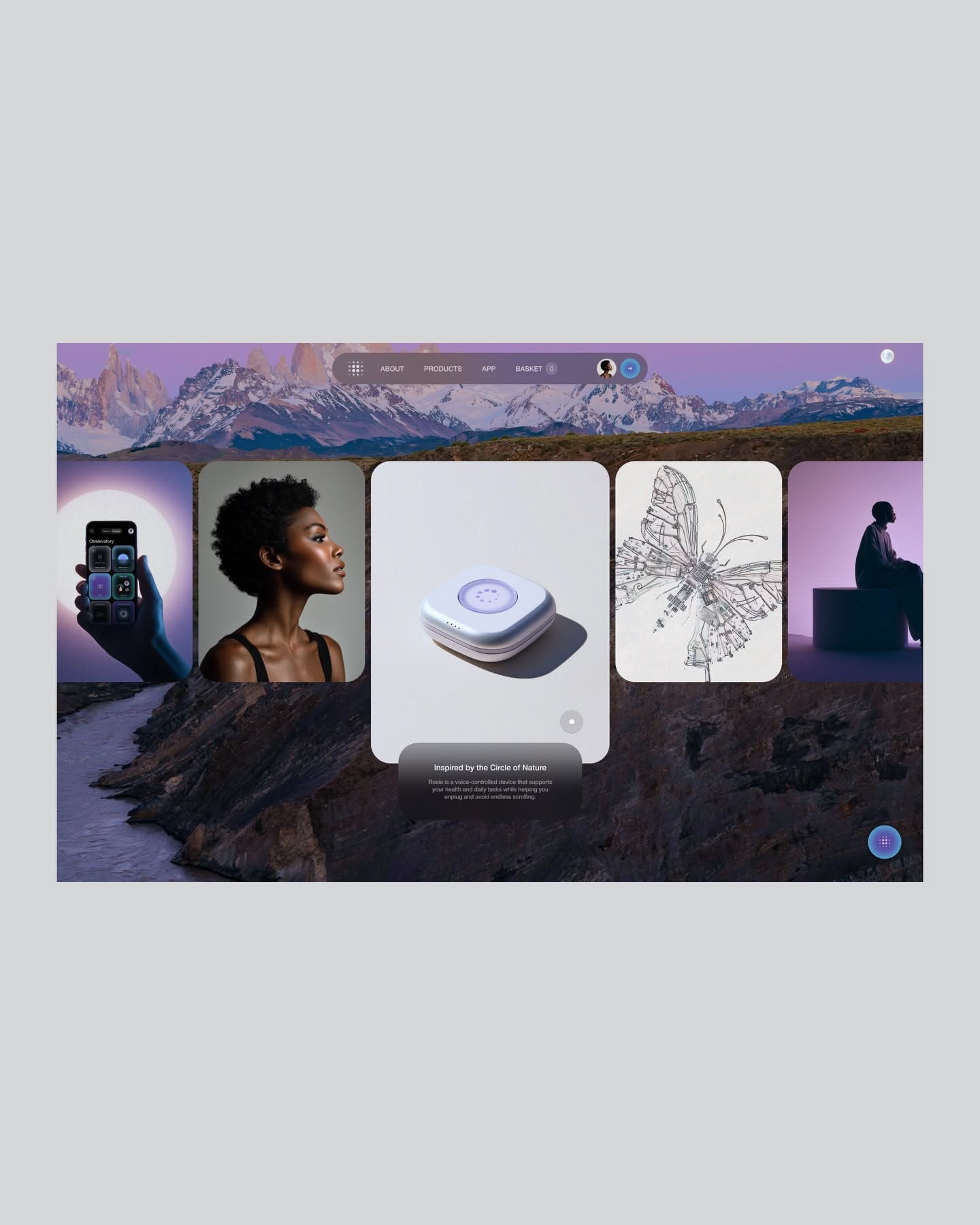 This design utilizes a high-contrast juxtaposition between soft, ethereal natural landscapes and clean, minimalist digital product mockups. The visual language blends organic textures with sophisticated modern UI elements to create a serene and premium feel.