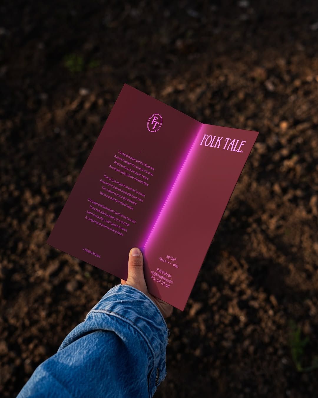 The image features a close-up of a booklet or card with a deep magenta cover, illuminated by a vibrant purple glow emanating from the spine or edge. The design is minimalist and sophisticated, using strong color contrast to draw attention to the title.