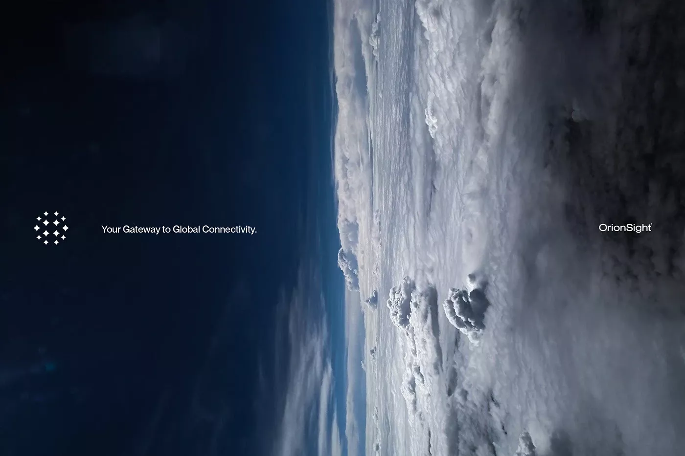 This image utilizes a dramatic, high-contrast aerial perspective to convey immense scale and technological connectivity. The visual language relies on the juxtaposition of deep atmospheric blues against bright, textured clouds to create a sense of vastness and precision.