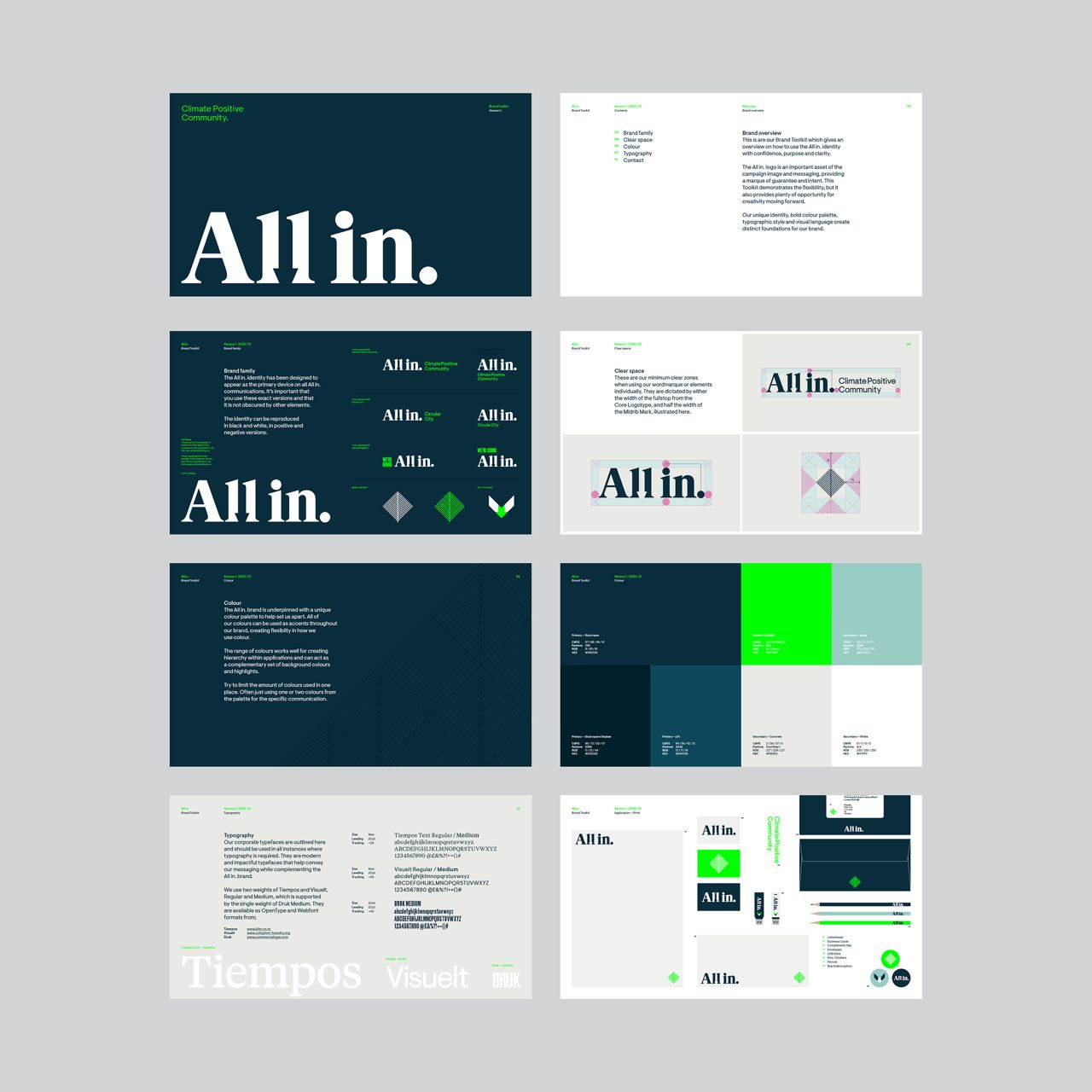 The image displays a collection of UI/UX design mockups, characterized by a clean, modern, and professional aesthetic. It utilizes a dark teal/blue base with vibrant green accents to create a sense of trust and innovation.