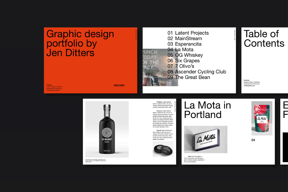 The image presents a clean, minimalist portfolio layout using a strong orange and black color scheme. The design is highly structured, relying on clear typography and ample negative space to organize a list of projects effectively.