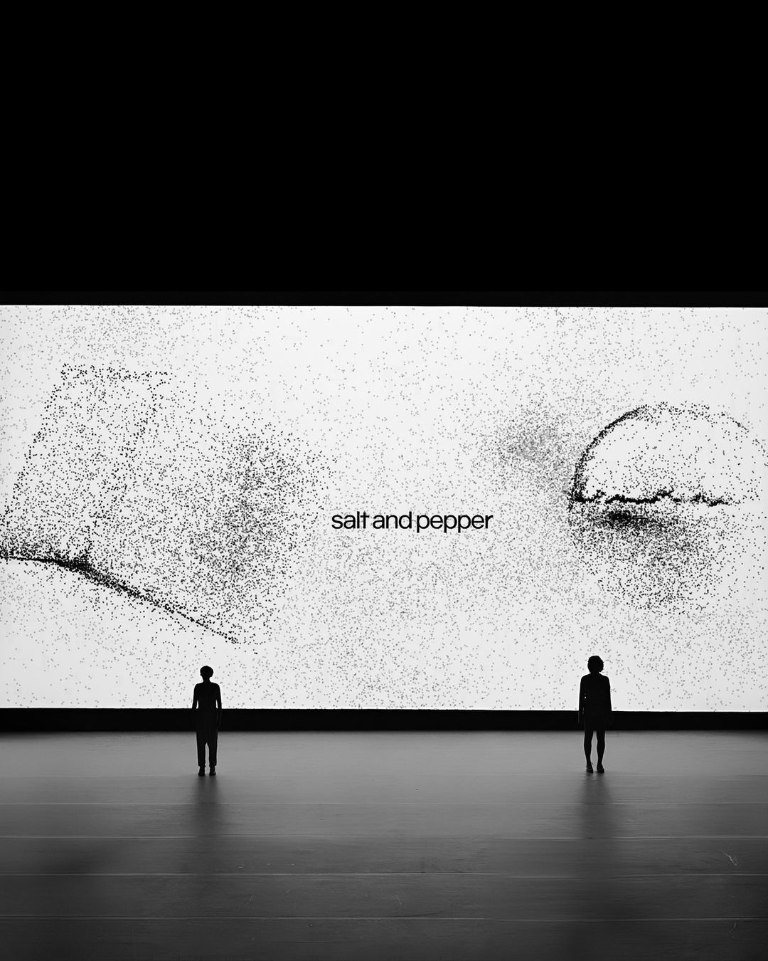 This is a stark, minimalist photographic composition featuring a vast white space dominated by fine particulate texture, overlaid with sparse elements and two silhouetted human figures. The visual language is highly conceptual, emphasizing negative space, texture, and the presence of human scale against an overwhelming void.