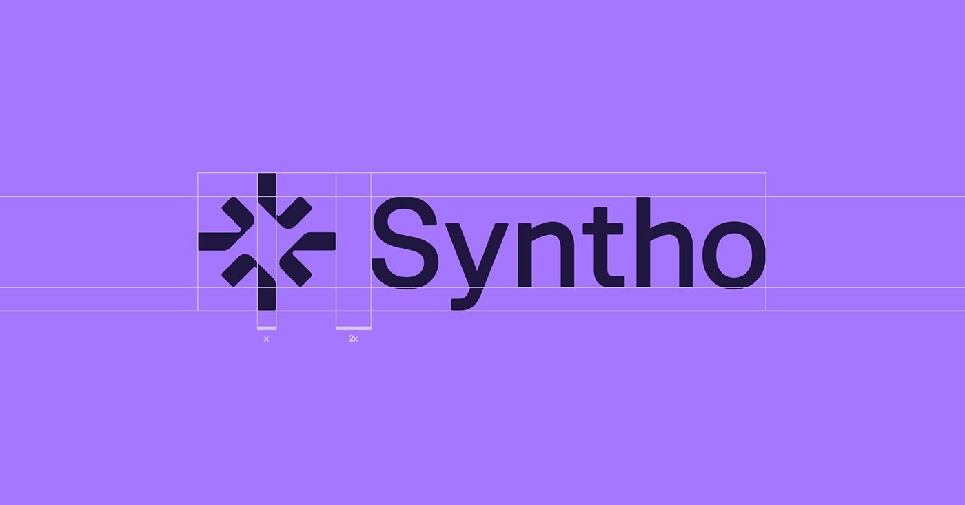 A minimalist tech brand identity featuring the word 'Syntho' with a geometric asterisk-like symbol, set against a vibrant purple gradient background. The design employs clean lines, modern typography, and a subtle grid overlay that reinforces its technological aesthetic.