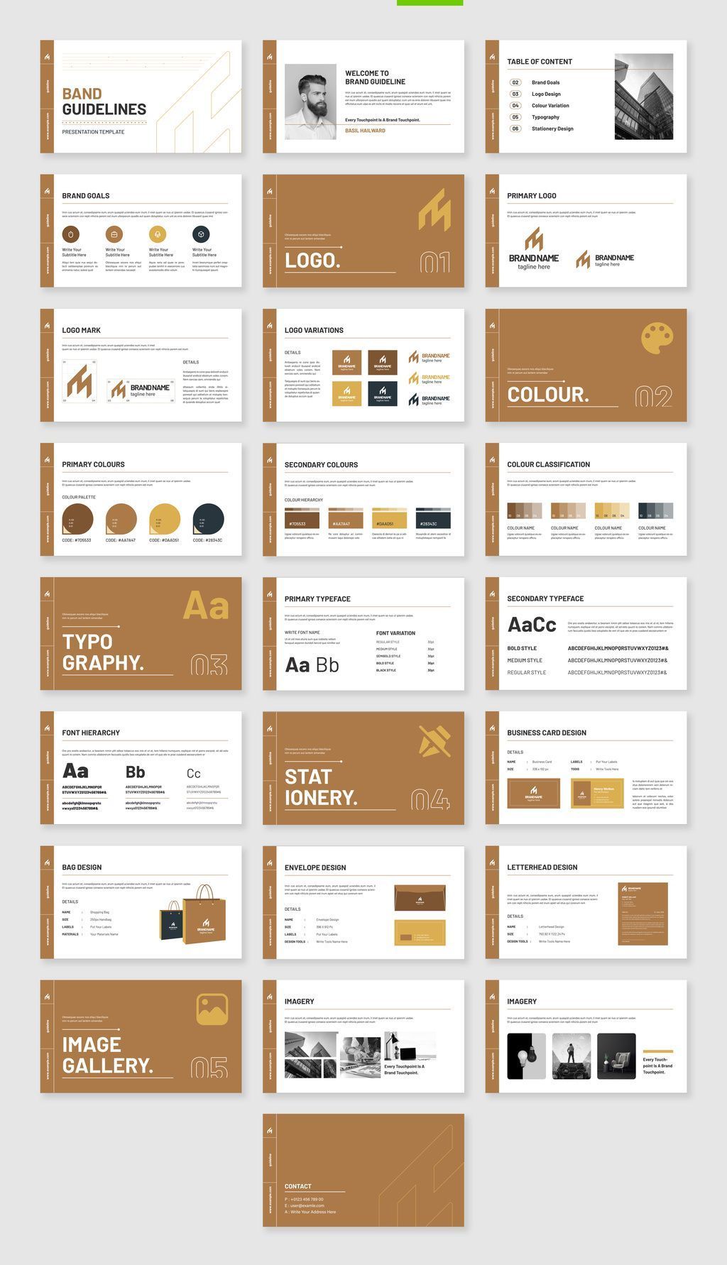This collection showcases a highly organized and professional set of design templates characterized by a warm, earthy color palette. The visual language is clean, minimalist, and structured, emphasizing clarity and corporate sophistication through balanced layouts.